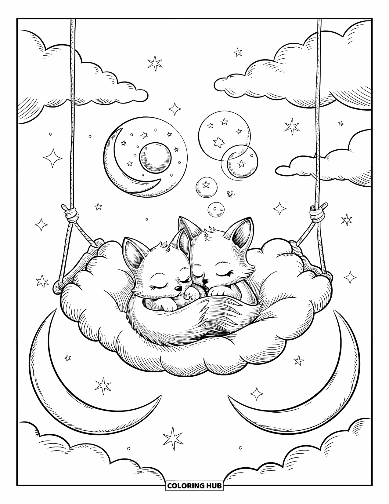 Dibujo de luna para colorear para adultos: Dos crías de zorro duermen en una hamaca de nubes, flotando entre lunas crecientes bajo un cielo nocturno tranquilo