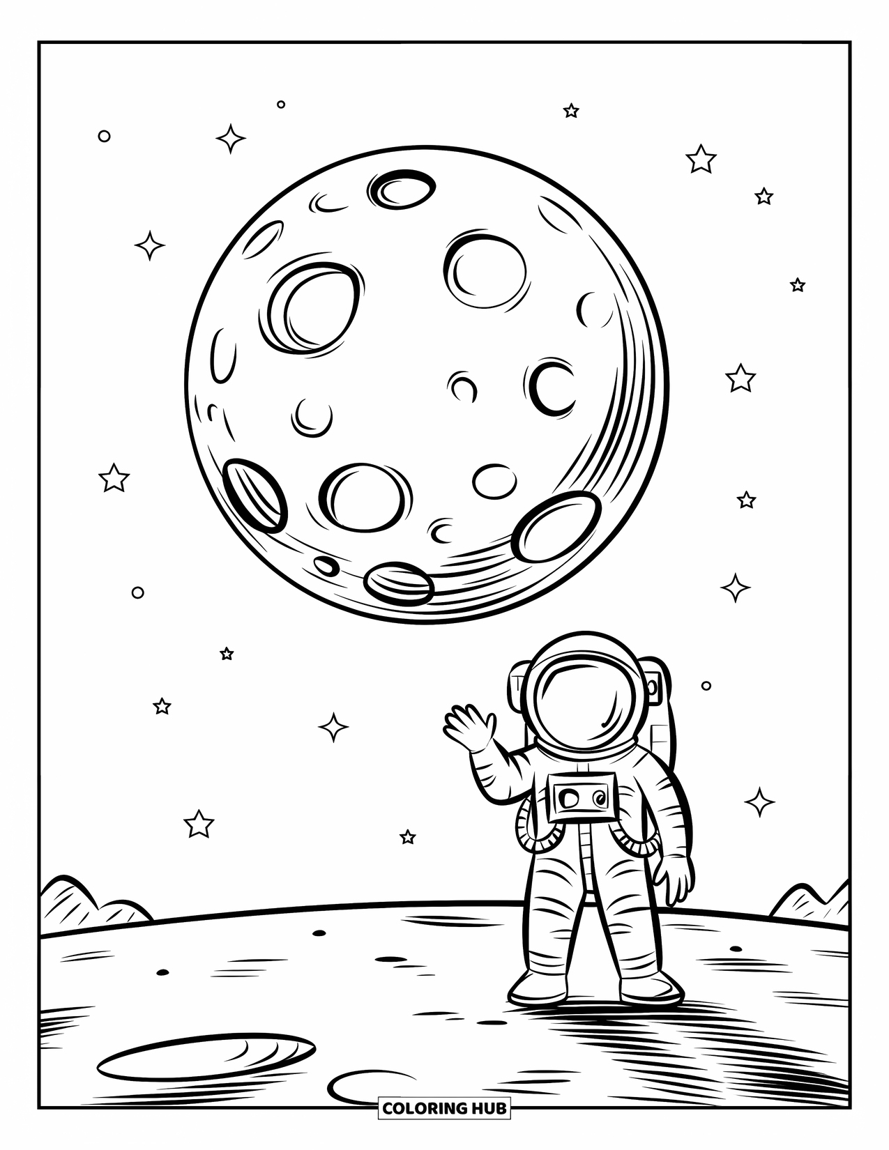 Dibujo de luna para colorear para niños: Un alegre astronauta saluda desde una luna llena de cráteres, flotando en el vasto cosmos lleno de estrellas brillantes
