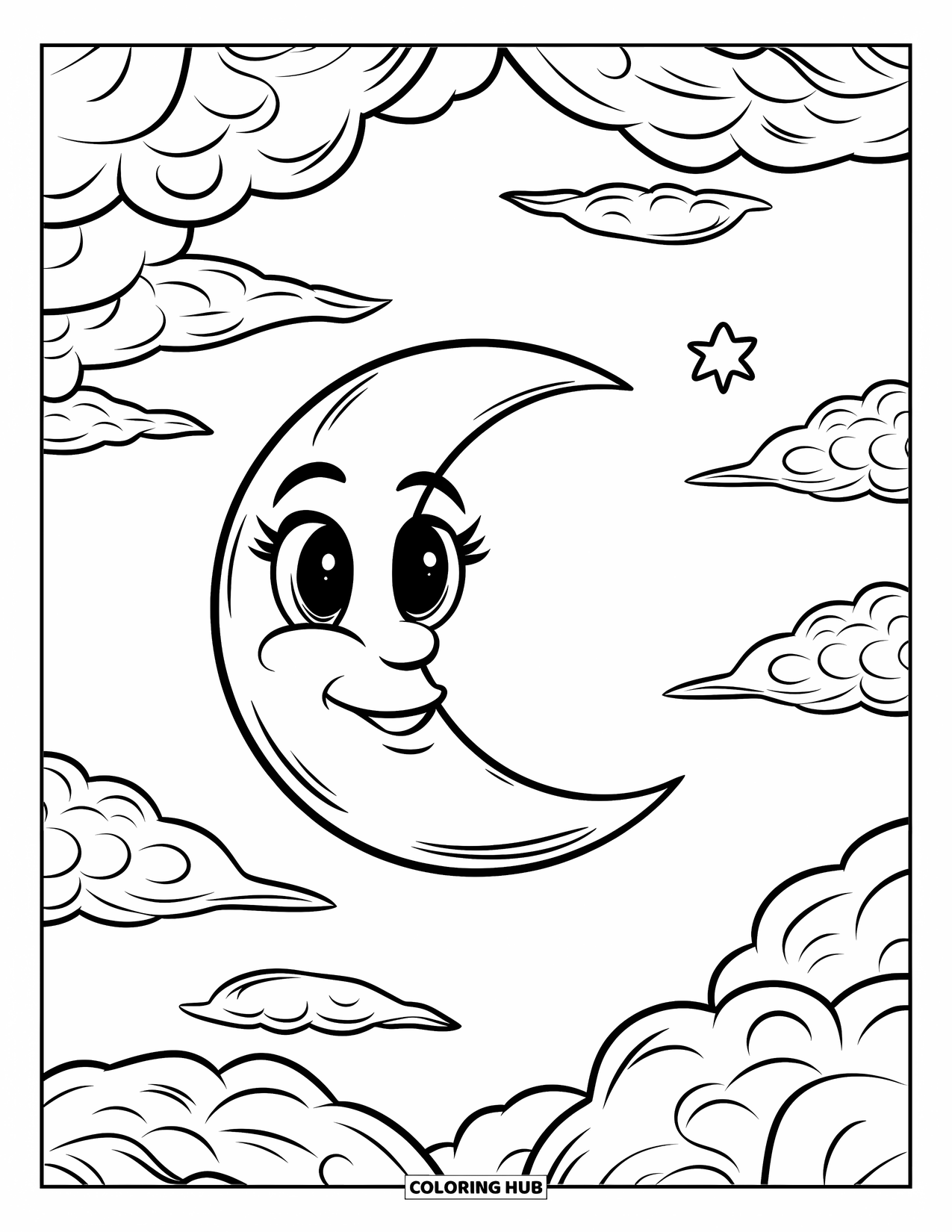 Dibujo de luna para colorear para niños: Una luna alegre y brillante con una cara linda está rodeada de nubes suaves y onduladas y una sola estrella brillante