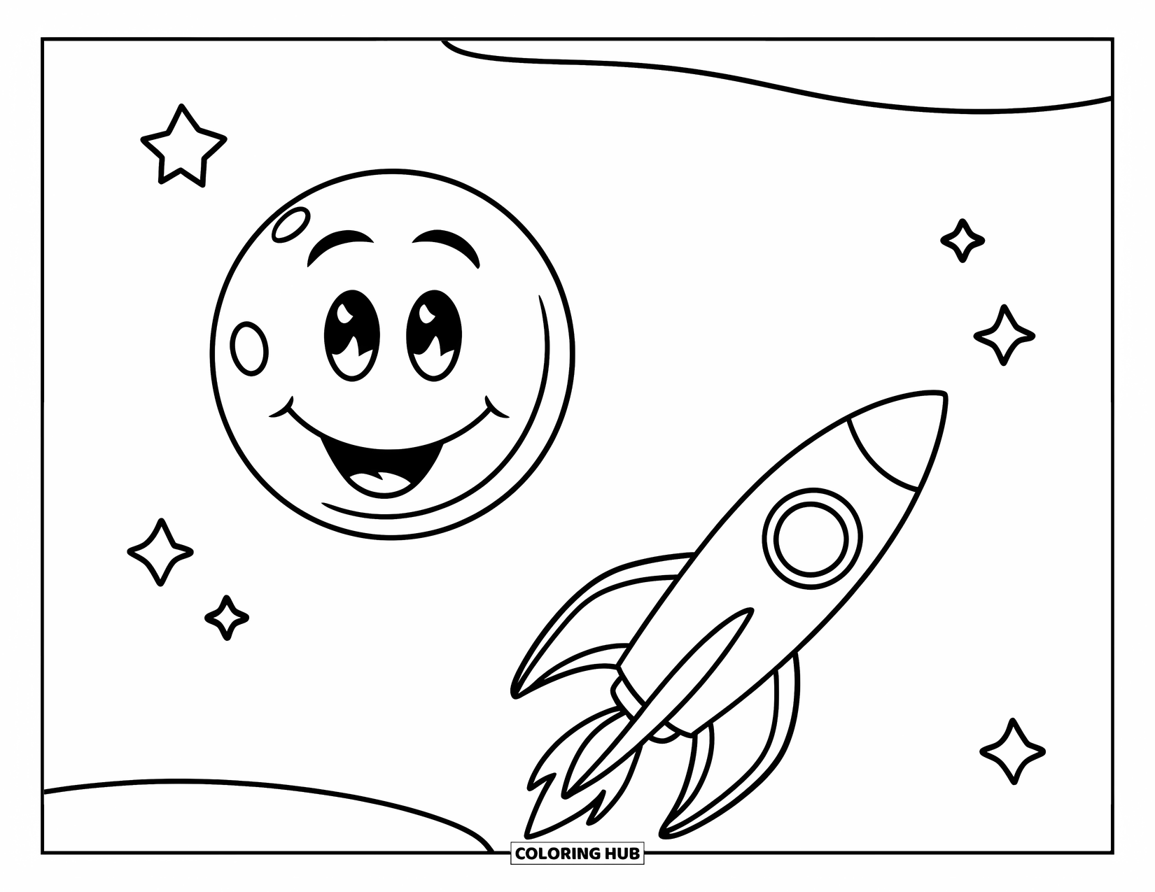 Dibujo de luna para colorear para niños: Un alegre cohete orbita una luna sonriente, sosteniendo una pequeña bandera con una cara feliz mientras se desliza por el espacio