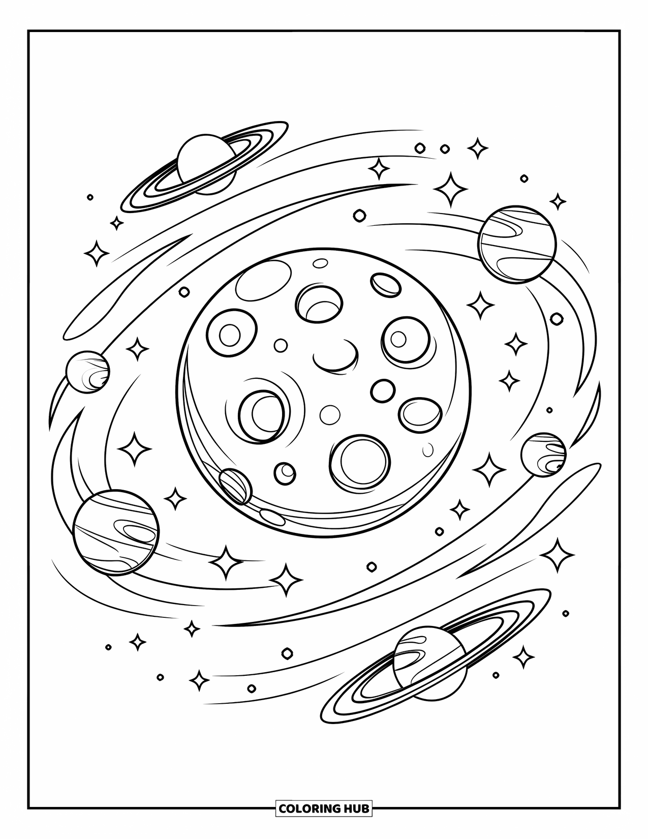 Dibujo de luna para colorear para niños: Una luna llena llena de cráteres está rodeada de galaxias arremolinadas y planetas distantes en una impresionante exhibición cósmica