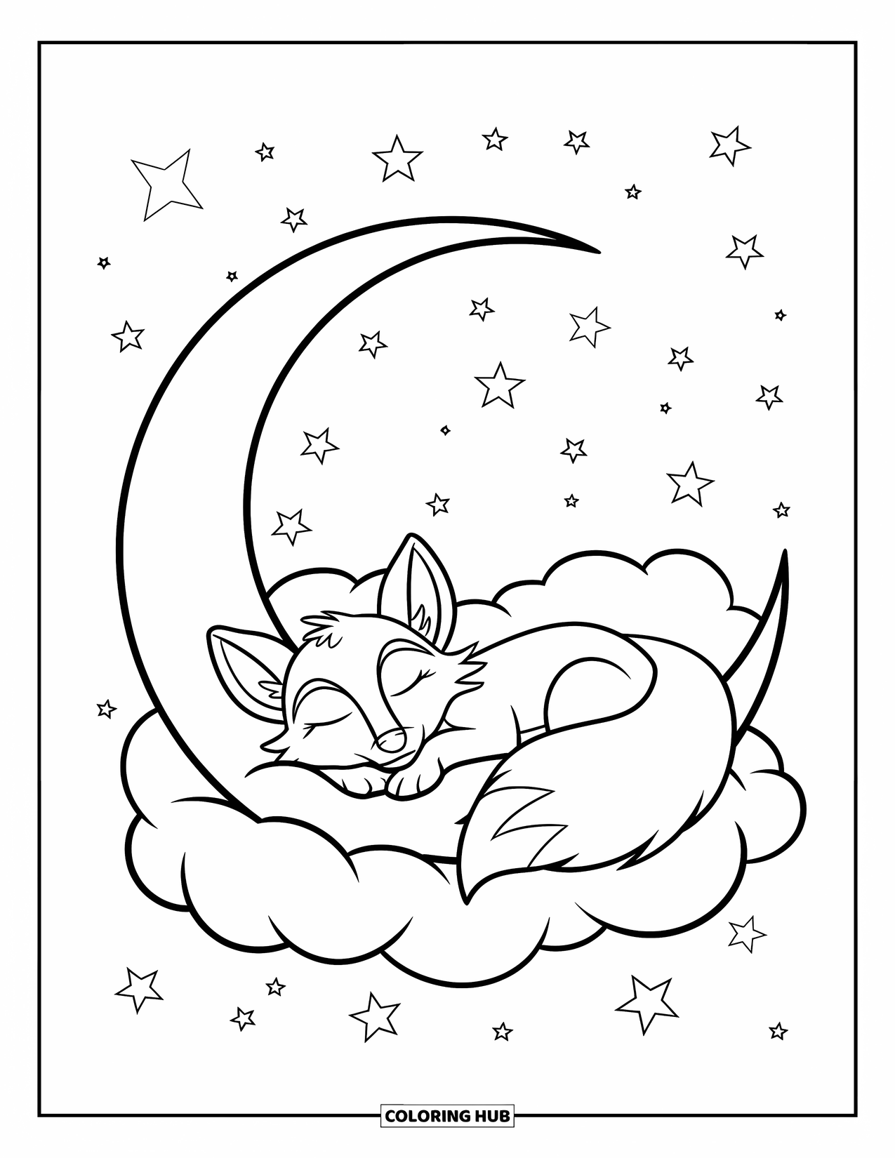 Dibujo de luna para colorear para niños: Una luna creciente acuna a un zorro descansando, rodeado de pequeñas estrellas brillantes que iluminan la noche de ensueño