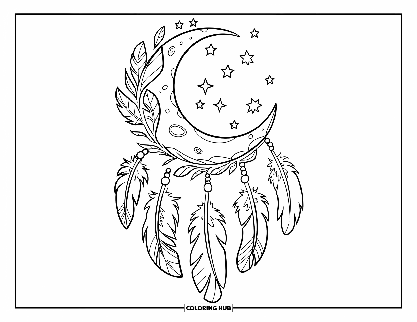 Dibujo de luna para colorear para niños: Una luna creciente forma el corazón de un atrapasueños, adornado con delicadas plumas y estrellas brillantes