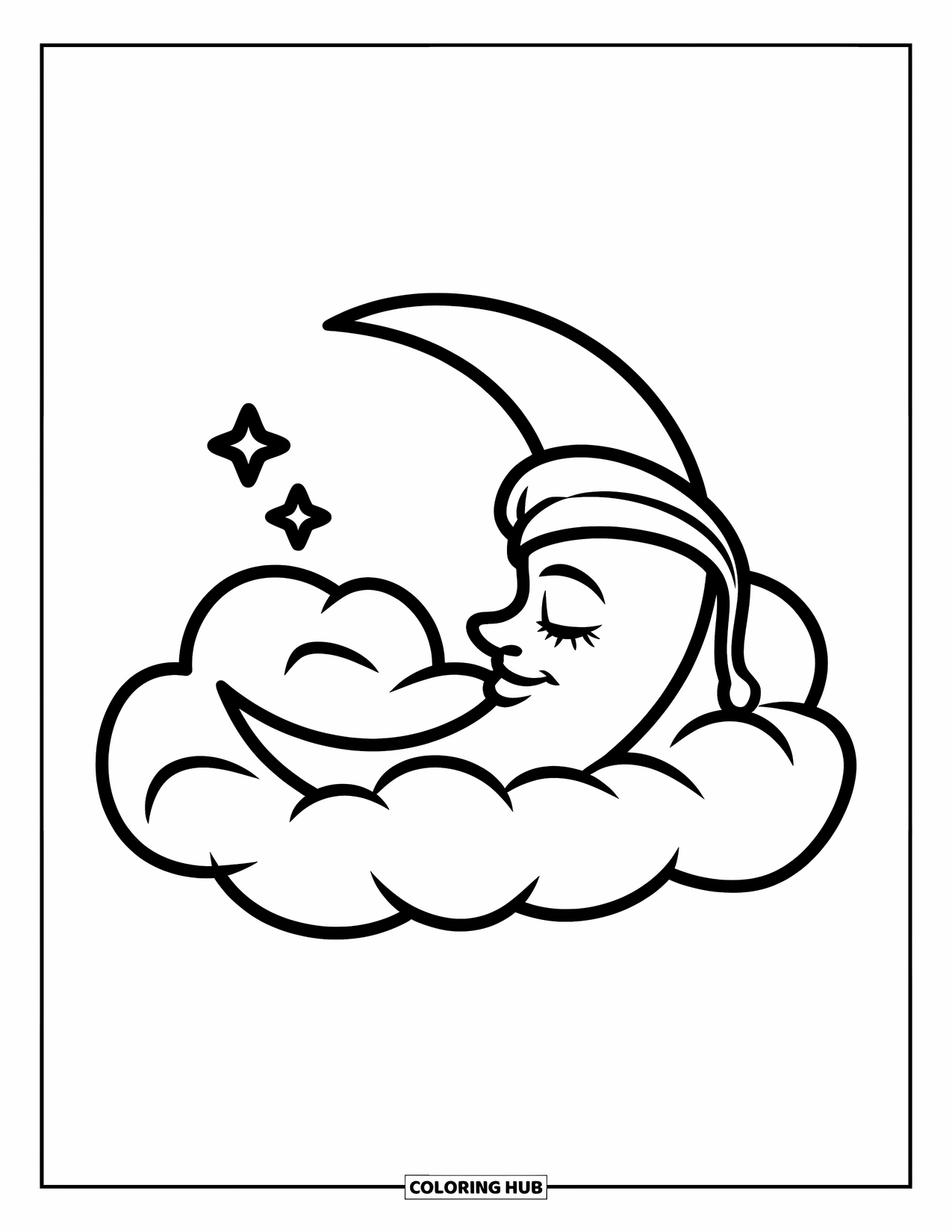 Dibujo de luna para colorear para niños: Una luna creciente con un gorro de dormir acogedor duerme plácidamente sobre una nube esponjosa, con pequeñas estrellas brillando arriba