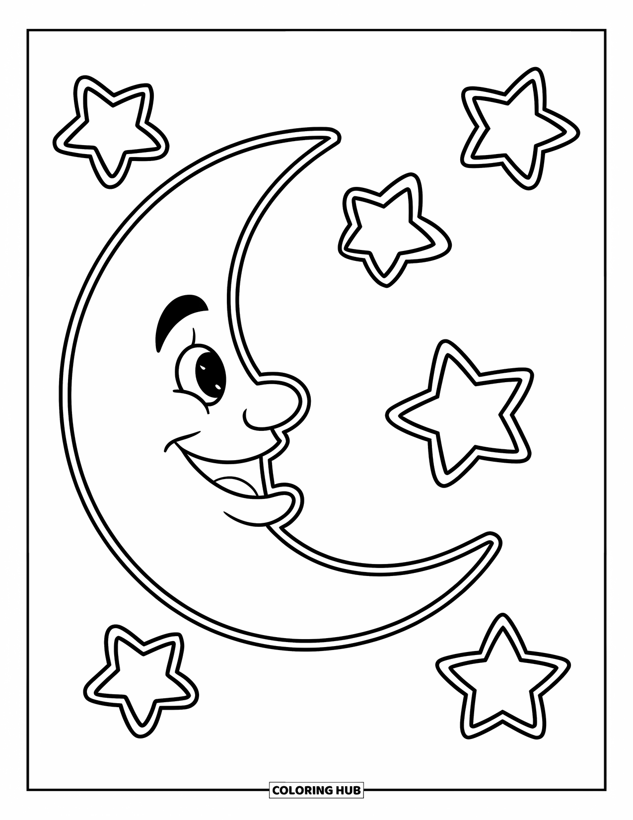 Dibujo de luna para colorear para niños: Una luna creciente con una sonrisa cálida y amigable está rodeada de cinco pequeñas estrellas brillantes en un diseño simple y audaz