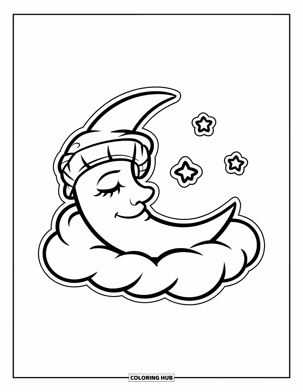 Dibujo de luna para colorear para niños: Una linda luna creciente con un pequeño gorro de dormir dormita sobre una nube, rodeada de tres suaves estrellas brillantes