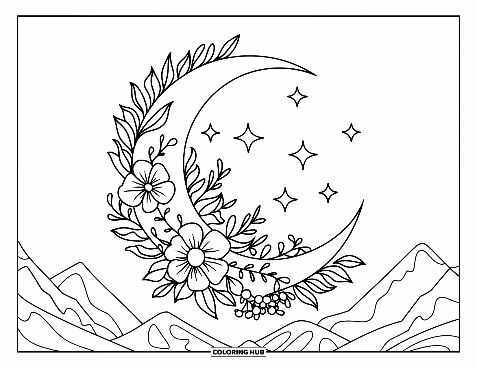 Dibujo de luna para colorear para niños: Una delicada luna creciente está adornada con flores suaves y enredaderas frondosas, con algunas estrellas brillantes que añaden un toque mágico