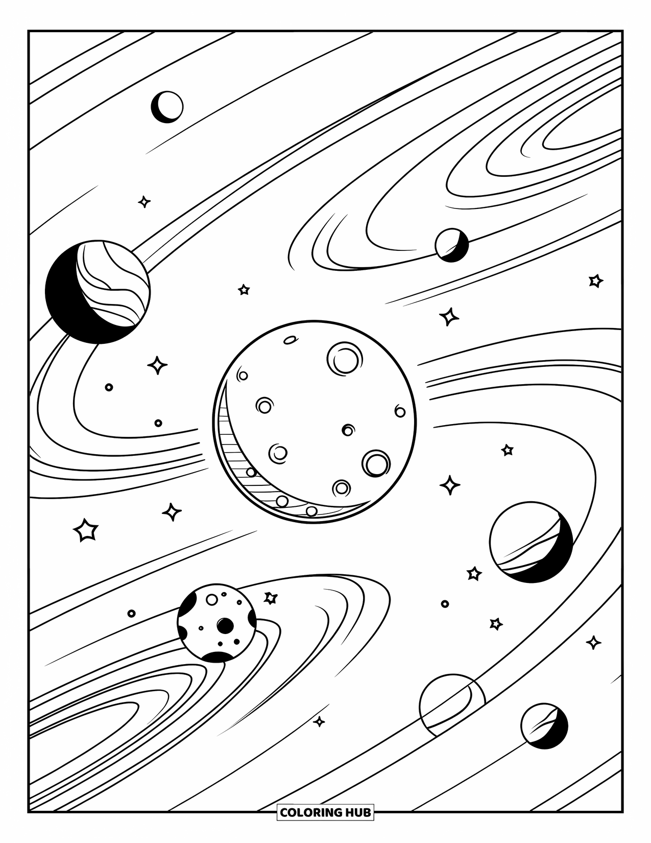 Dibujo de luna para colorear para niños: Una luna detallada con cráteres suaves brilla en el centro de un cielo estrellado, rodeada de galaxias espirales y planetas