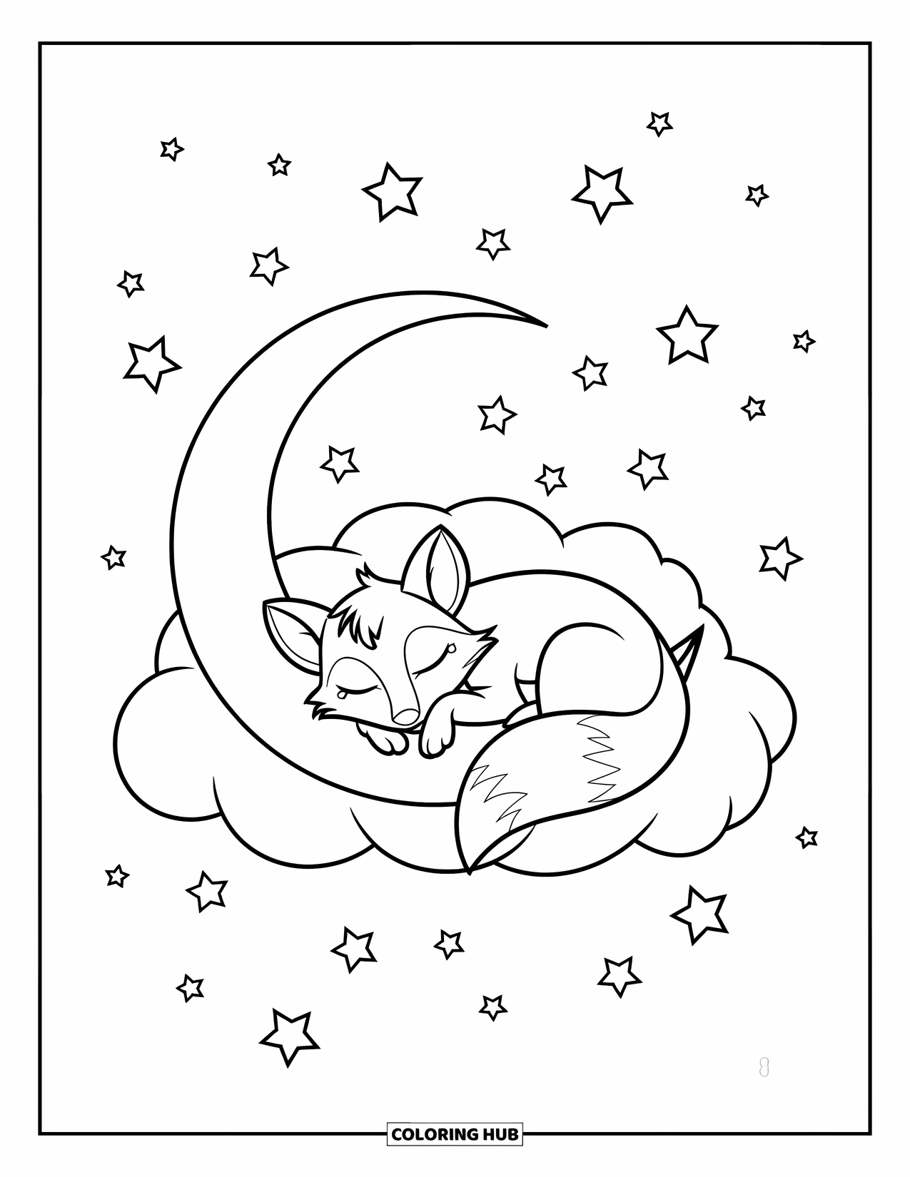 Dibujo de luna para colorear para niños: Una luna estilo atrapasueños acunada por delicadas plumas y salpicada de pequeñas estrellas brilla en un cielo sereno