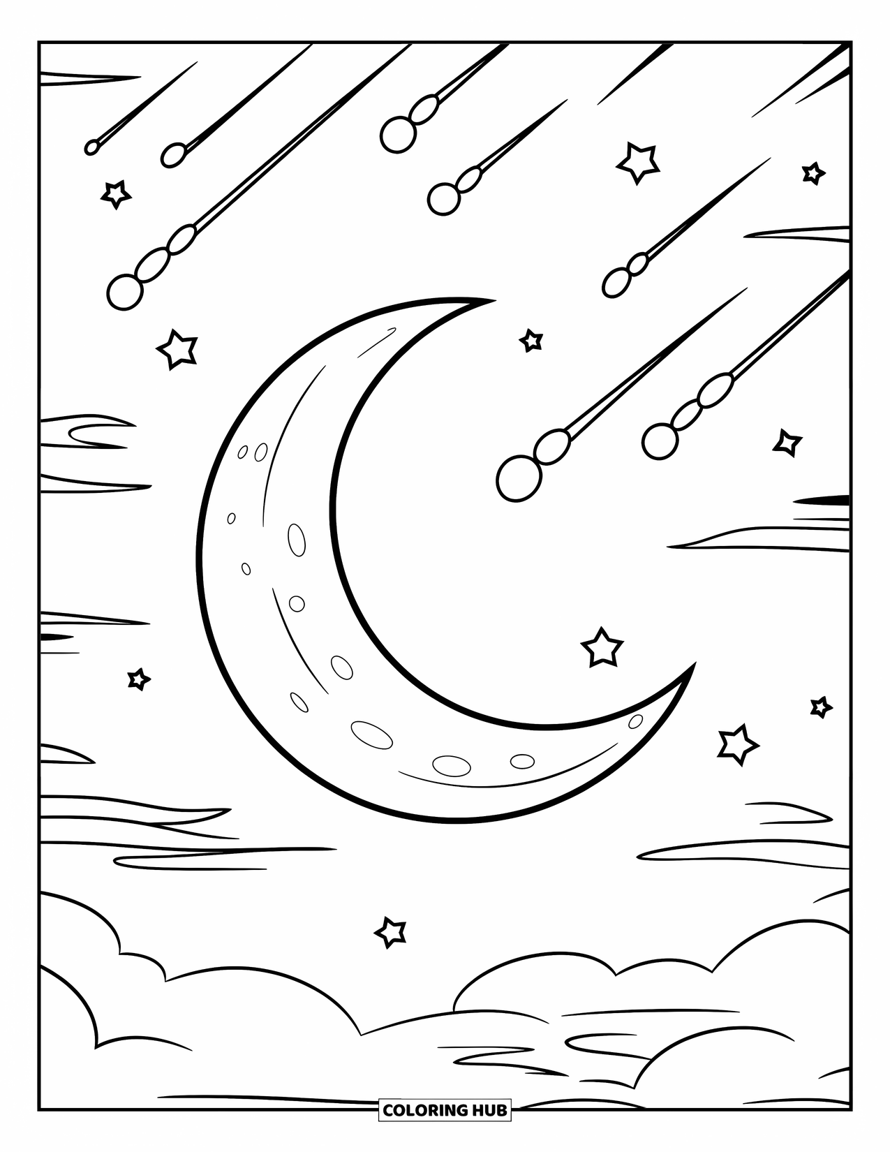 Dibujo de luna para colorear para niños: Una luna creciente de ensueño está rodeada de estrellas fugaces, flotando en un cielo nocturno pacífico
