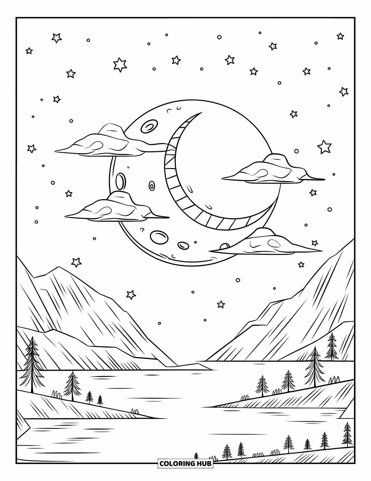 Dibujo de luna para colorear para niños: Una luna llena asoma por detrás de nubes esponjosas, esparciendo una luz suave en un cielo sereno y abierto