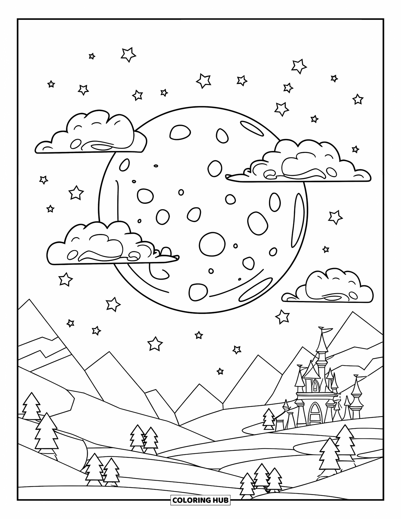 Dibujo de luna para colorear para niños: Una luna llena asoma a través de nubes a la deriva, llenando la noche estrellada con su brillo tranquilo y celestial