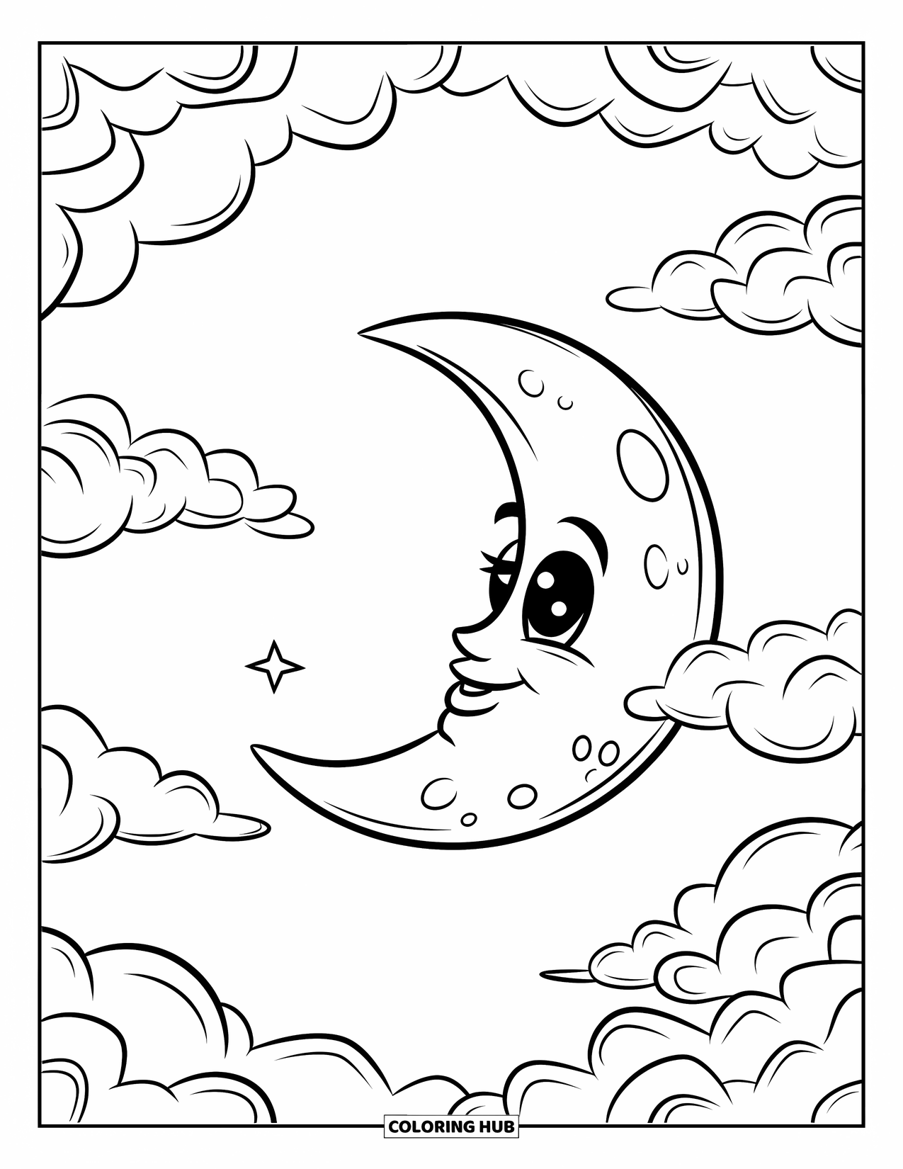 Dibujo de luna para colorear para niños: Una luna llena con ojos grandes y redondos y una sonrisa suave asoma por detrás de nubes esponjosas, con una pequeña estrella brillando cerca