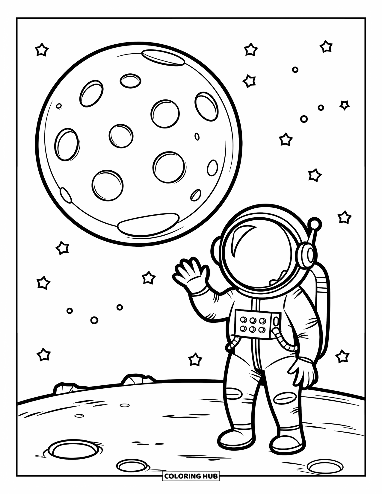 Dibujo de luna para colorear para niños: Una luna llena con cráteres suaves brilla mientras un amigable astronauta saluda desde la superficie lunar, con un cielo estrellado de fondo