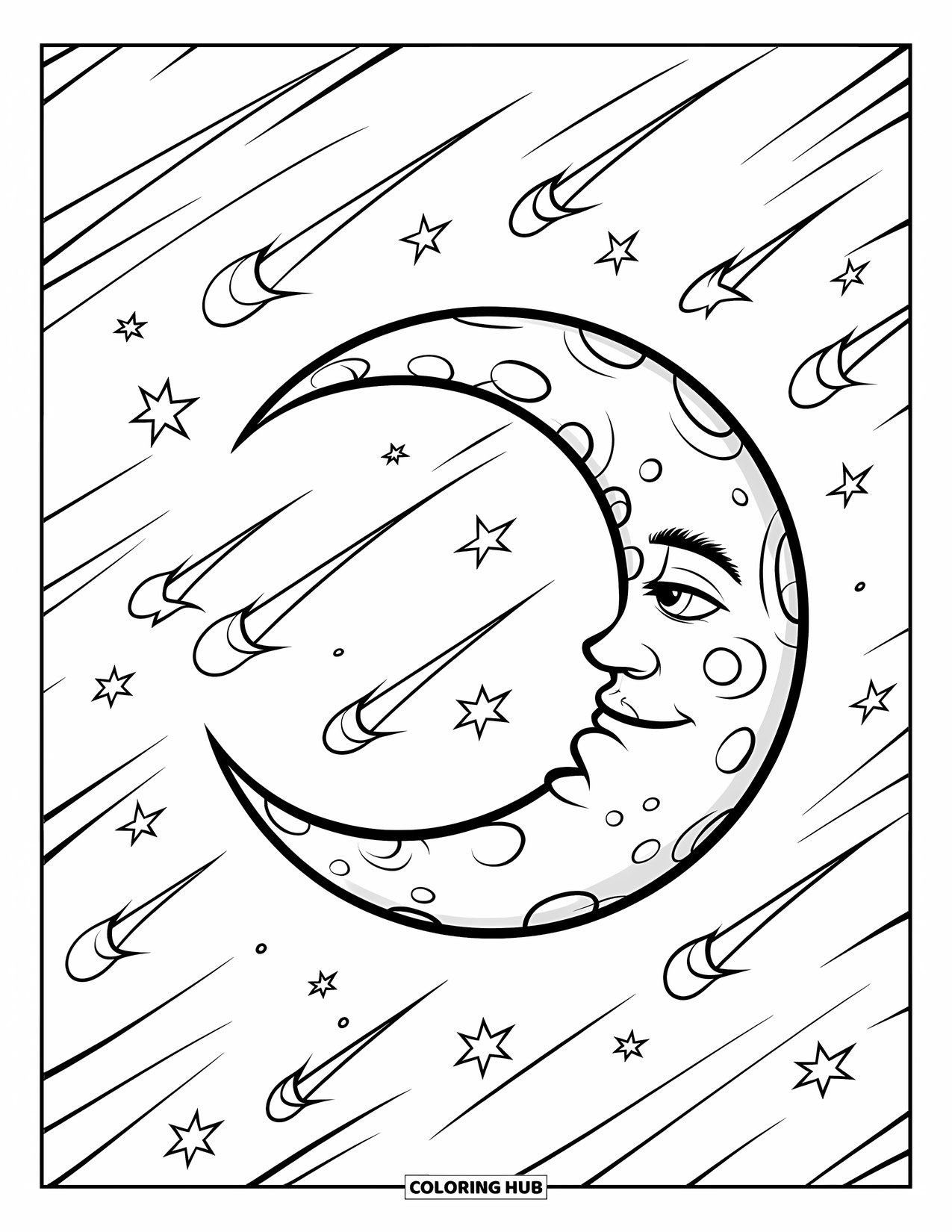 Dibujo de luna para colorear para niños: Una hada gentil con cabello suelto descansa en una luna creciente, lanzando un hechizo con su varita mágica de estrella brillante