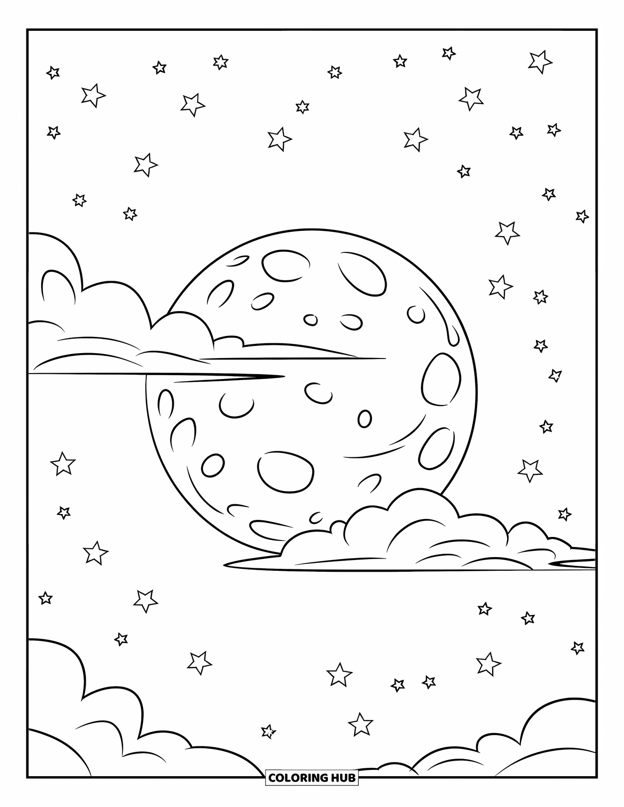 Dibujo de luna para colorear para niños: Una luna brillante, parcialmente oculta por nubes suaves, proyecta un suave resplandor sobre una noche tranquila y pacífica