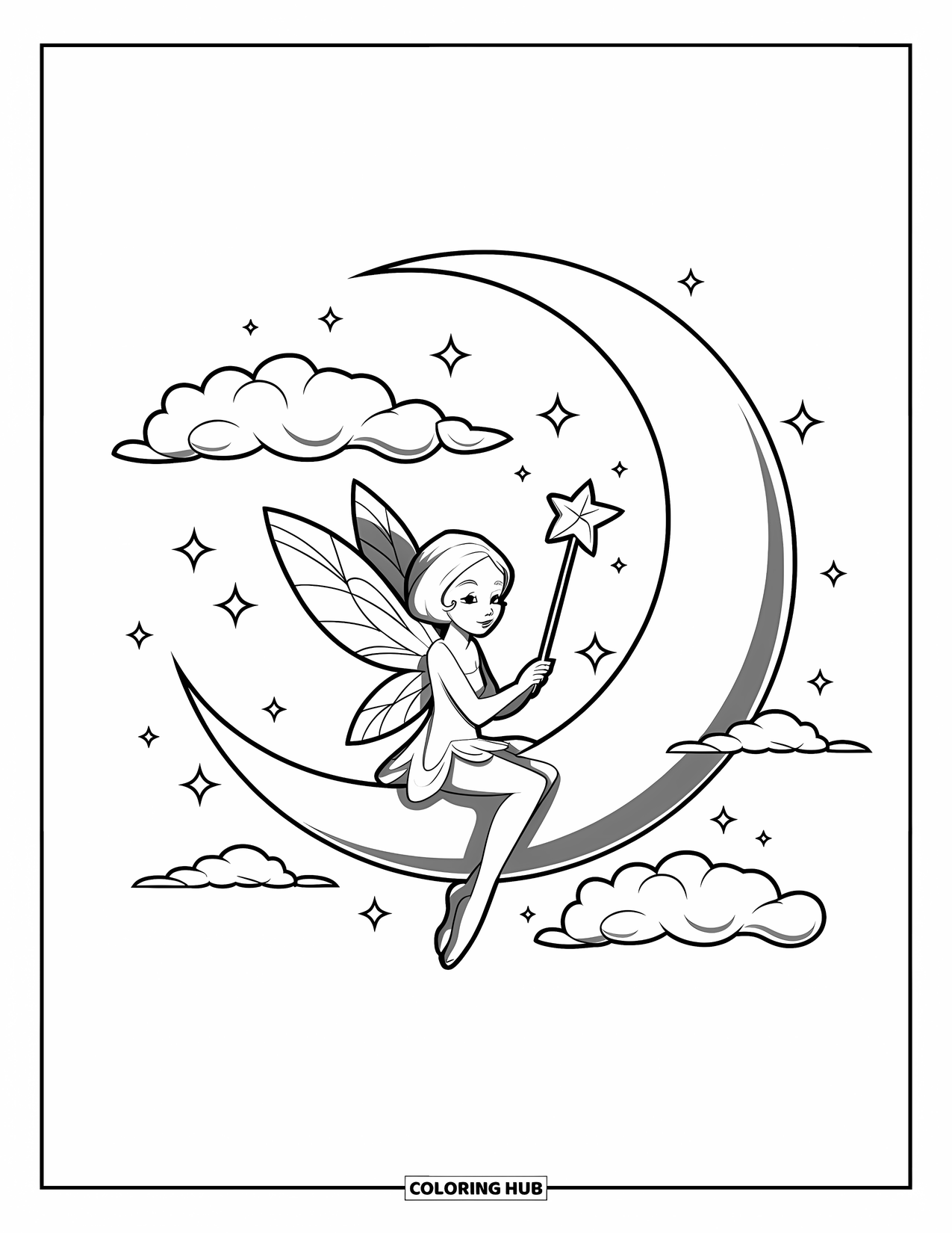 Dibujo de luna para colorear para niños: Una hada elegante con delicadas alas se posa en una luna creciente, sosteniendo una varita mágica de estrella brillante