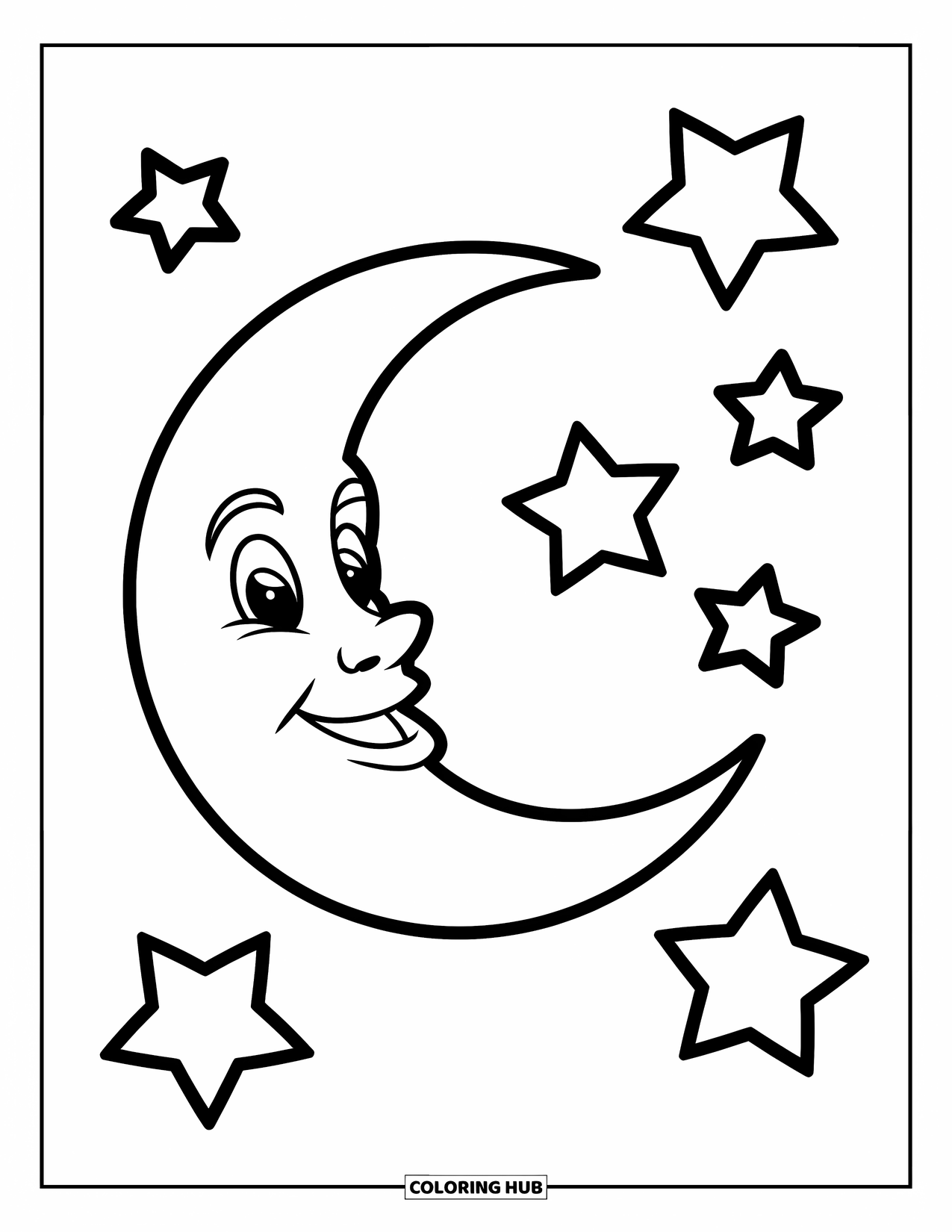 Dibujo de luna para colorear para niños: Una feliz luna creciente brilla suavemente en el cielo, rodeada de cinco estrellas brillantes en una escena juguetona y alegre