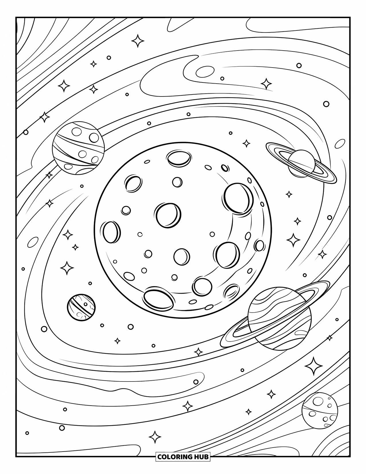 Dibujo de luna para colorear para niños: Una luna llena luminosa se encuentra entre planetas flotantes y galaxias fascinantes en un baile cósmico sin fin