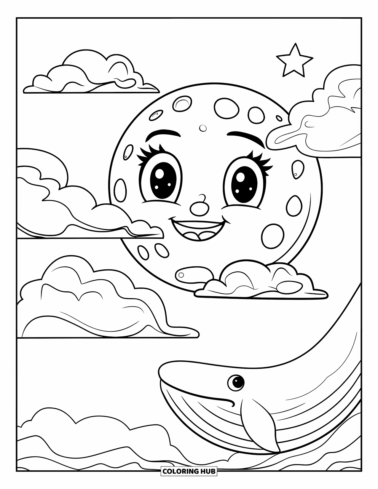 Dibujo de luna para colorear para niños: Una pequeña luna regordeta con una cálida sonrisa flota suavemente entre nubes audaces, con una pequeña estrella brillante en la distancia