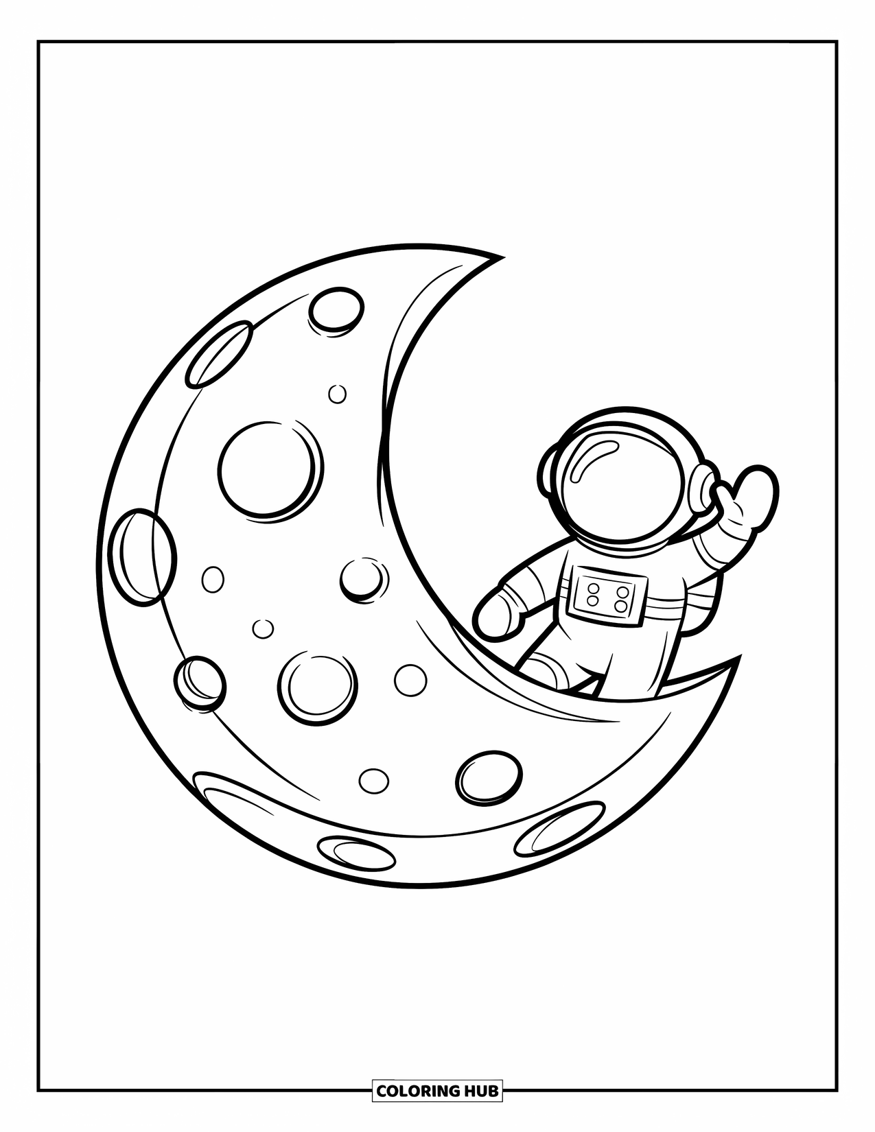 Dibujo de luna para colorear para niños: Una luna llena simple pero encantadora con detalles de cráteres saluda a un astronauta en el fondo, flotando en un vasto cielo blanco