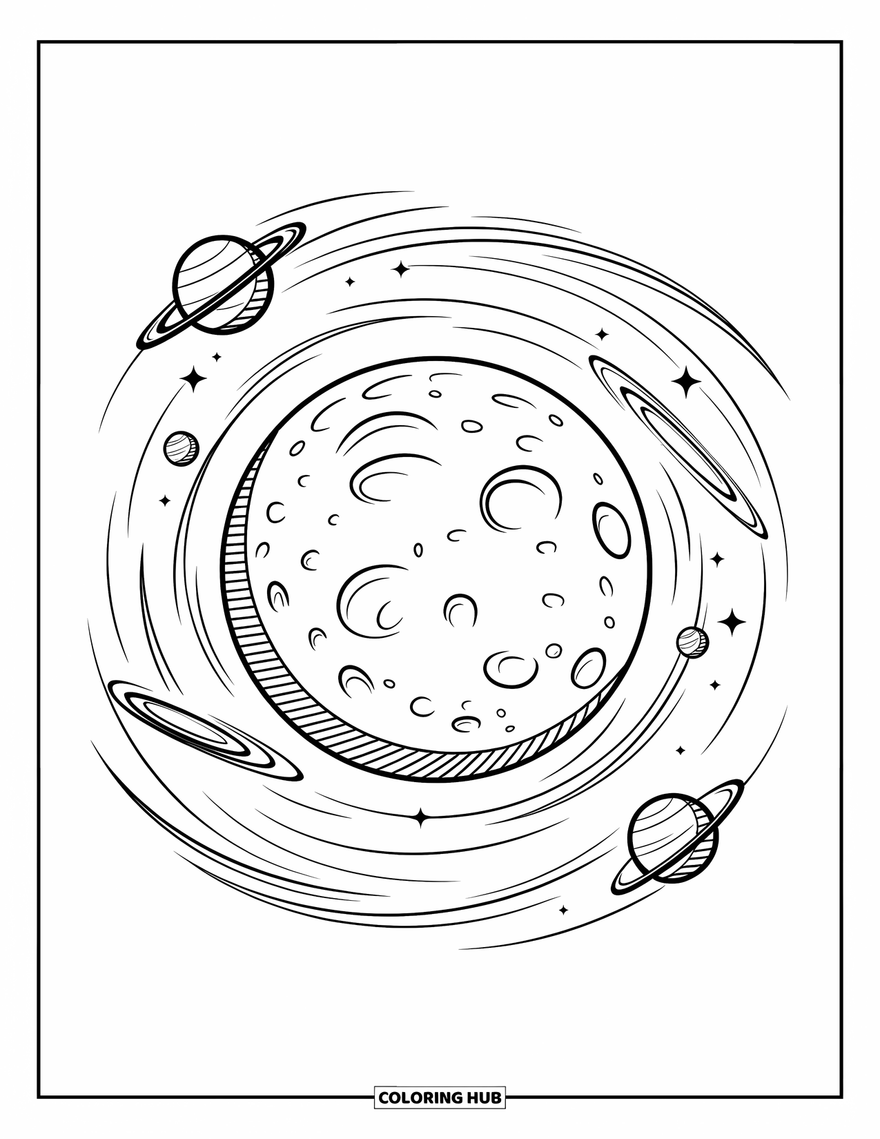 Dibujo de luna para colorear para niños: Una suave luna creciente brilla en un cielo de ensueño, mientras estrellas fugaces cruzan con un brillo pacífico