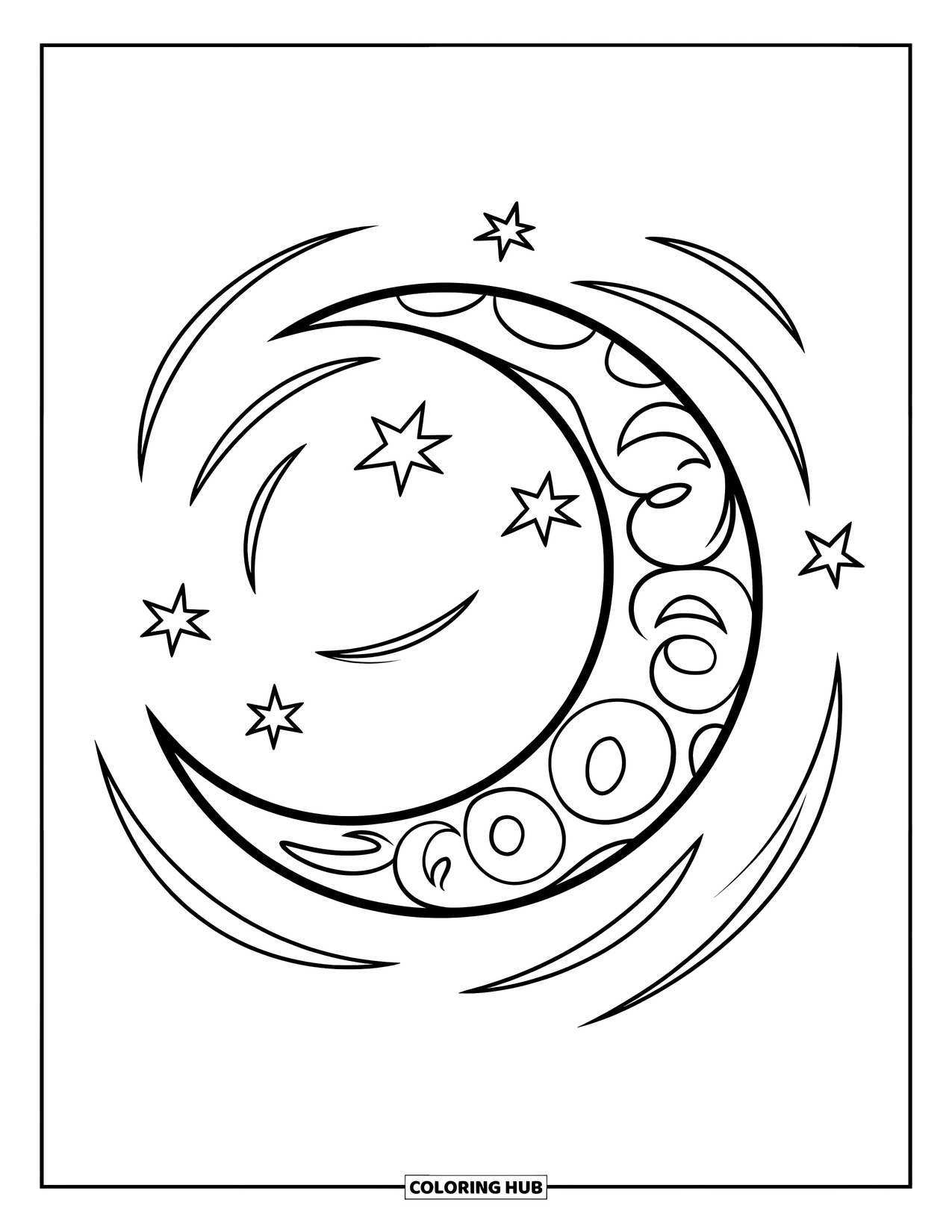 Dibujo de luna para colorear para niños: Una luna creciente arremolinada irradia magia, rodeada de estrellas fugaces en un juguetón baile cósmico