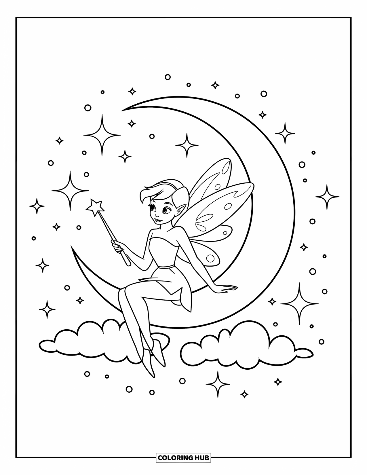 Dibujo de luna para colorear para niños: Un hada caprichosa se sienta sobre una luna creciente, rodeada de nubes de ensueño y destellos brillantes