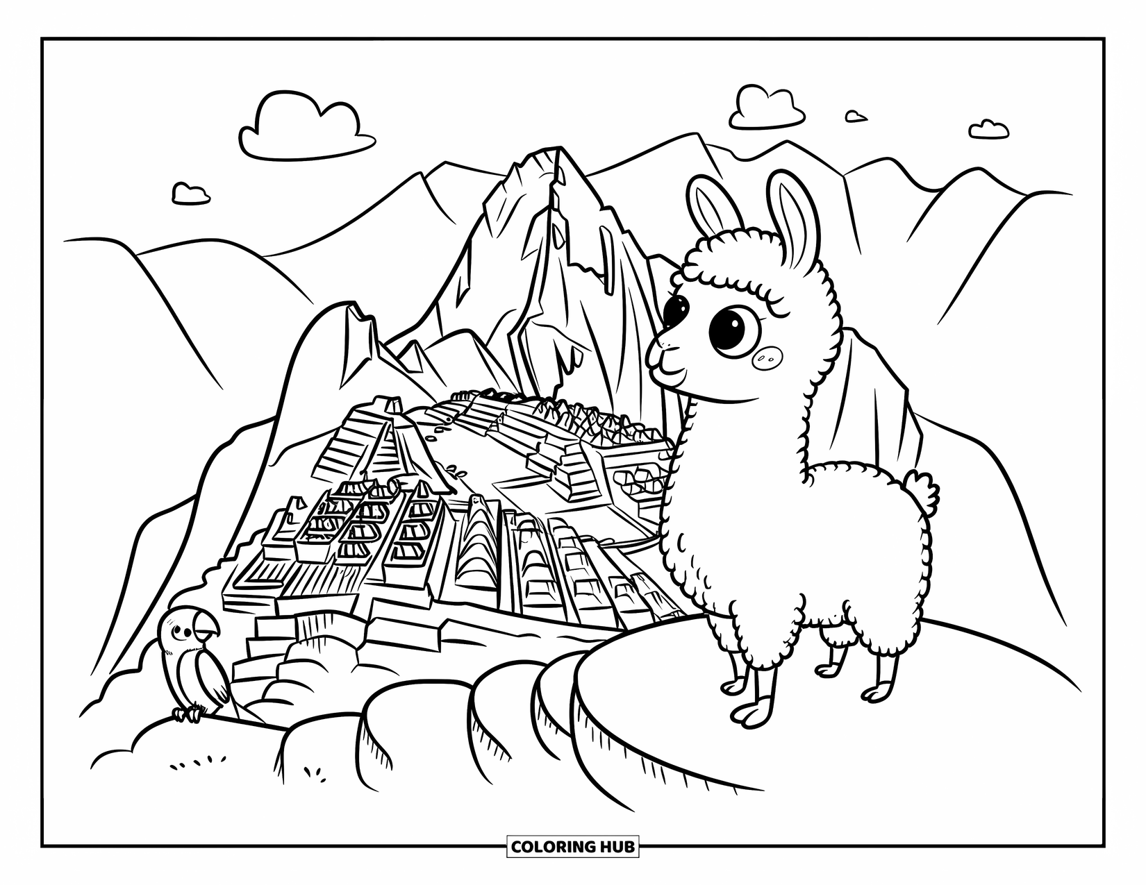 Desen de colorat cu natură pentru adulți: Un pui de lamă stă pe o terasă, admirând munții cu un papagal mic în apropiere