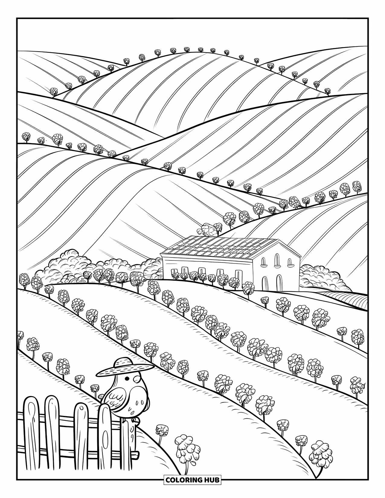 Desen de colorat cu natura pentru adulți: O fermă toscană fermecătoare printre podgorii, cu o pasăre mică cocoțată pe un gard de lemn