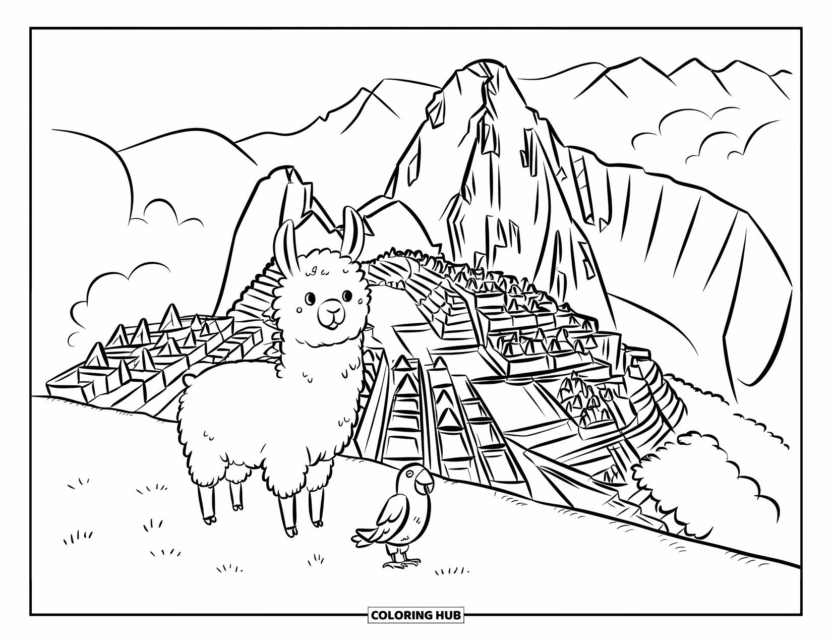 Desen de colorat cu natură pentru adulți: Un pui de lamă dolofan și un papagal mic se bucură de priveliștea de pe terasele Machu Picchu
