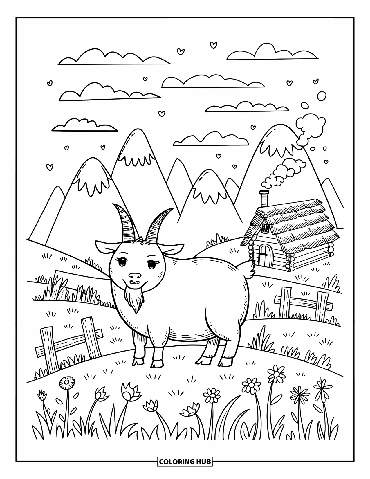 Desen de colorat cu natură pentru adulți: O capră dolofană paște printre flori sălbatice, cu o cabană fermecătoare și vârfuri de munte moi în spate