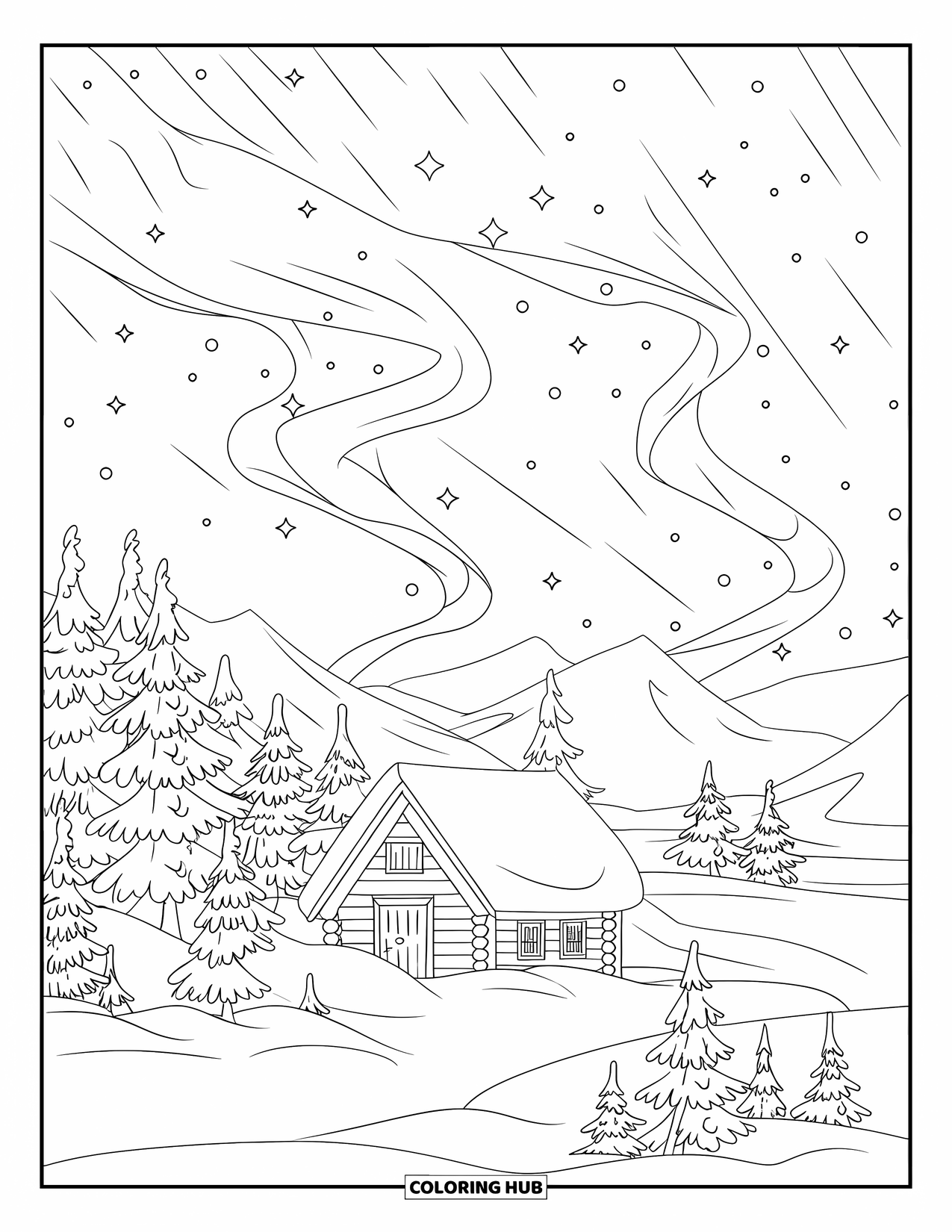 Desen de colorat cu natura pentru adulți: O cabană confortabilă se află printre pini înzăpeziți sub dansul luminilor nordice