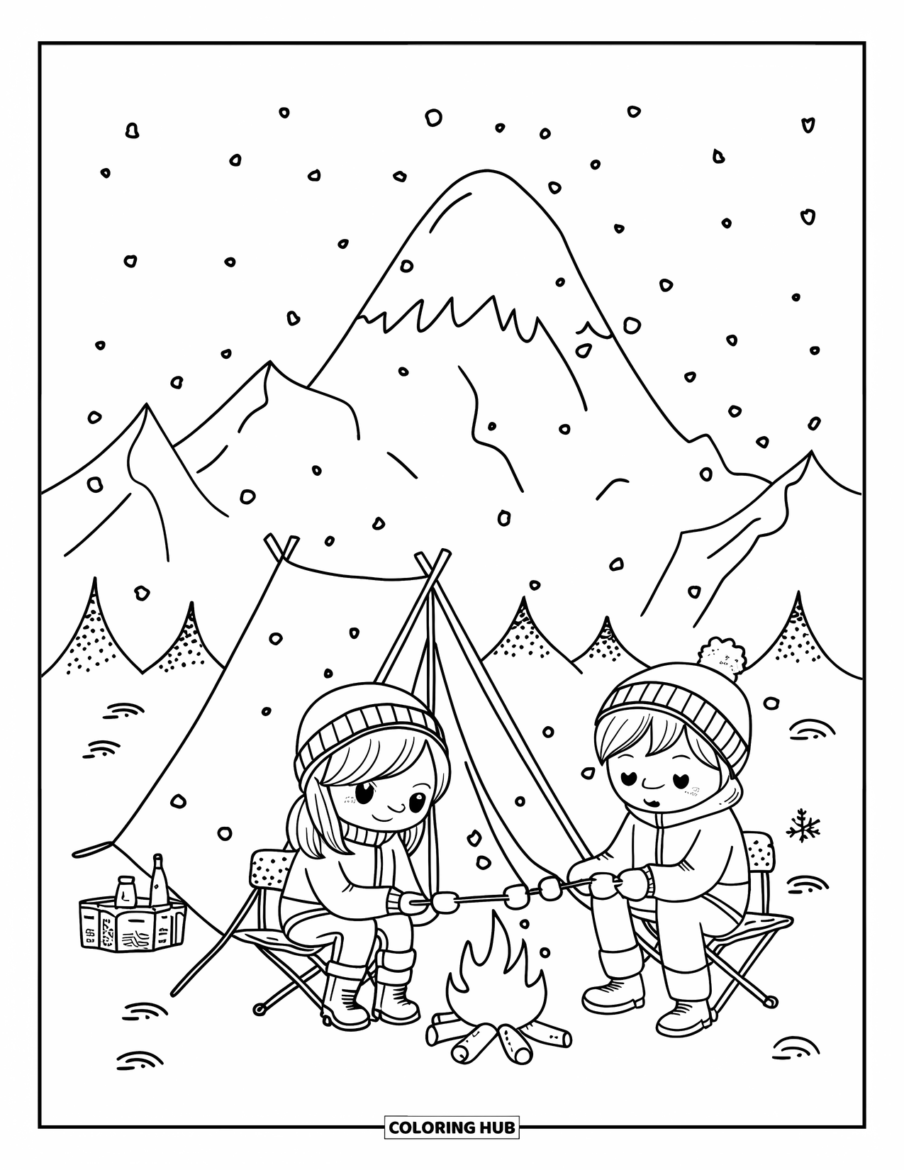 Desen de colorat cu natură pentru adulți: Un loc de campare confortabil la poalele unui munte, unde alpiniștii se încălzesc lângă un foc