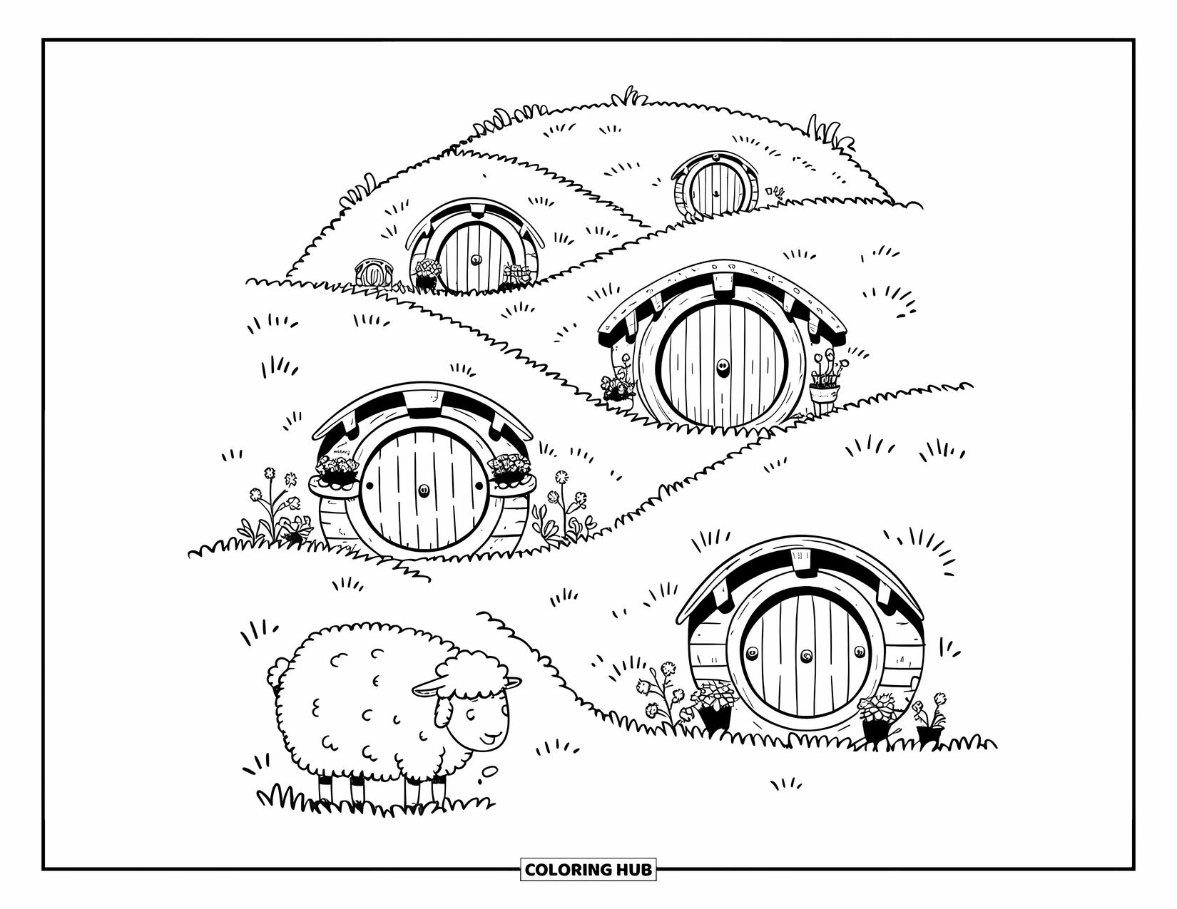 Desen de colorat cu natura pentru adulți: O colină confortabilă cu uși rotunde, o oaie pufoasă și detalii miniaturale fermecătoare