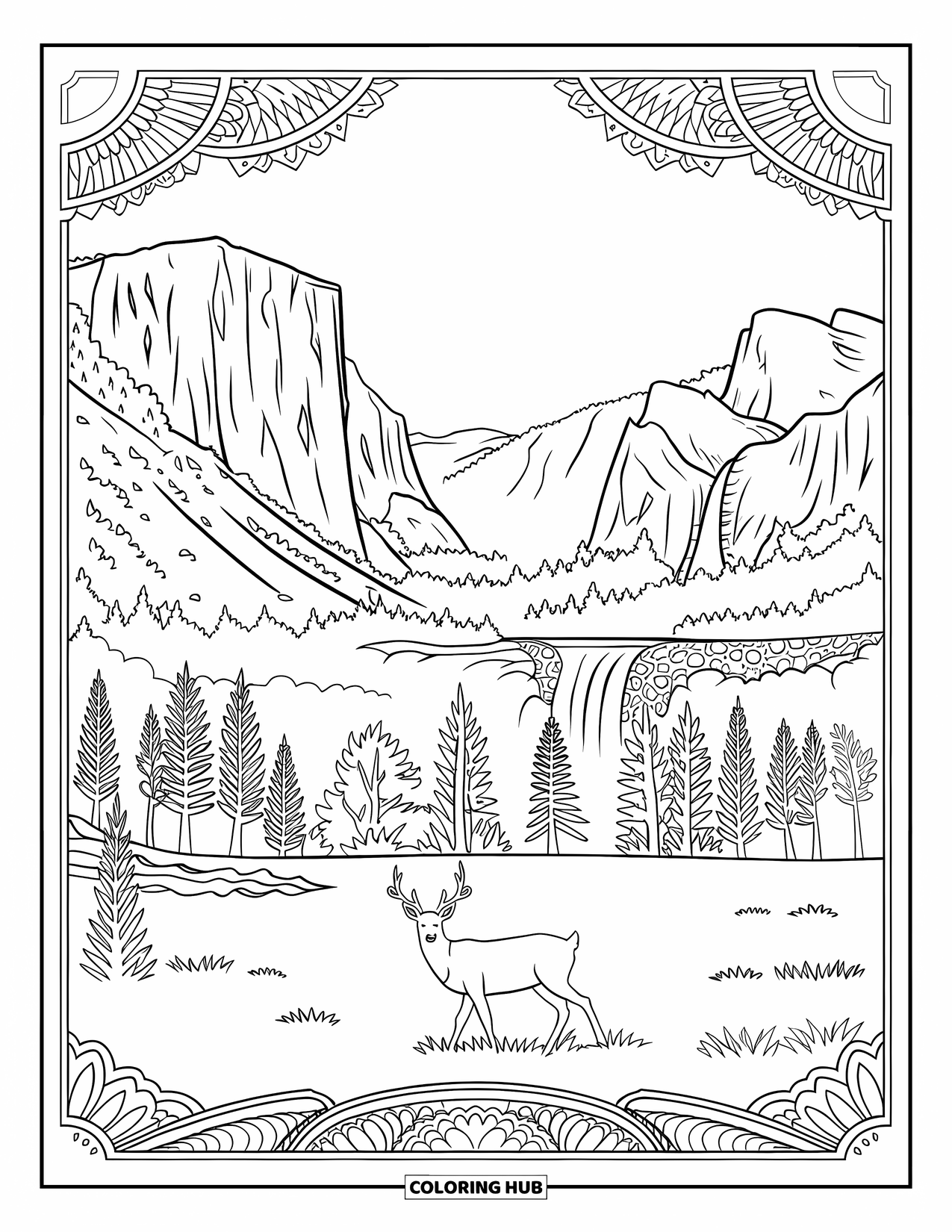 Desen de colorat cu natura pentru adulți: Un cerb paște pașnic lângă o cascadă sub stâncile impunătoare din Yosemite