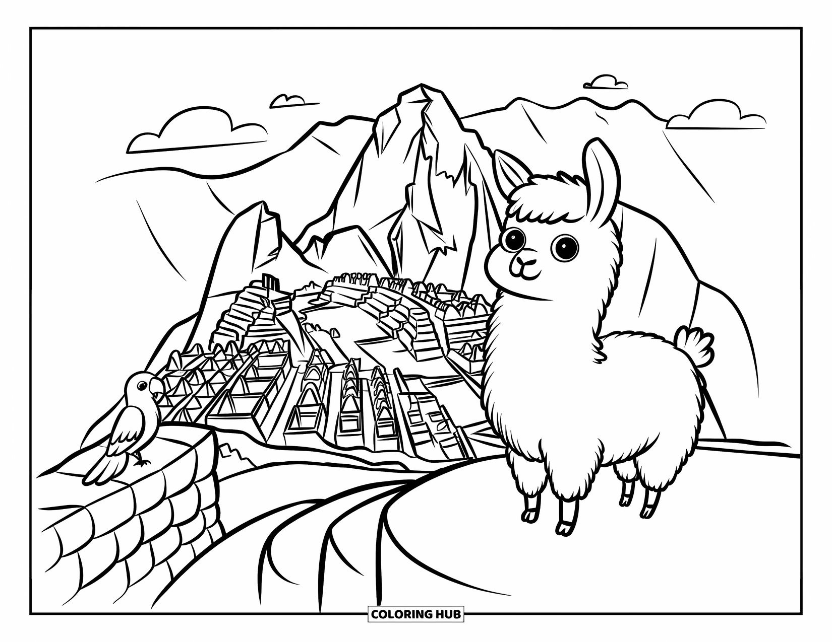Desen de colorat cu natură pentru adulți: Un pui de lamă pufos stă pe o terasă, cu vedere la structuri antice de piatră din munți