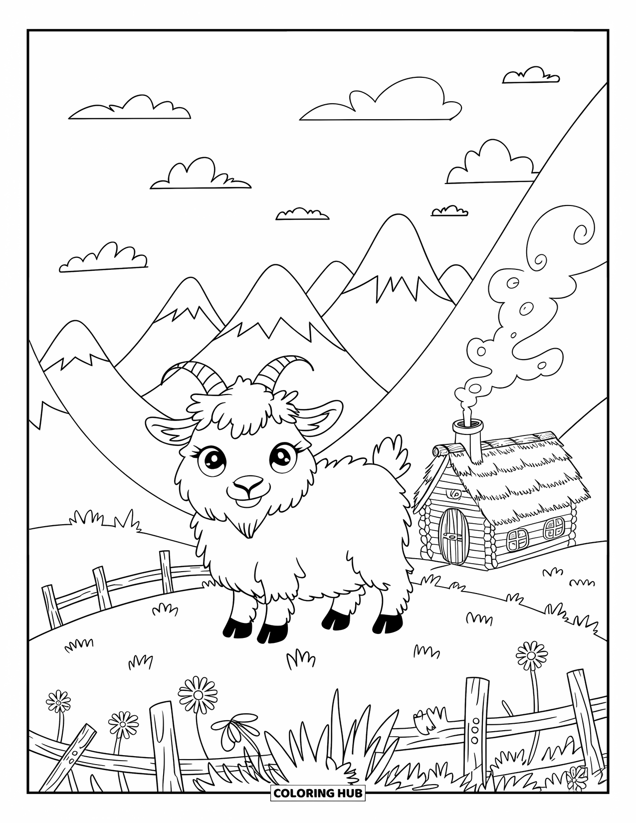 Desen de colorat cu natură pentru adulți: O capră pufoasă stă pe un deal, înconjurată de flori sălbatice, garduri de lemn și o cabană confortabilă