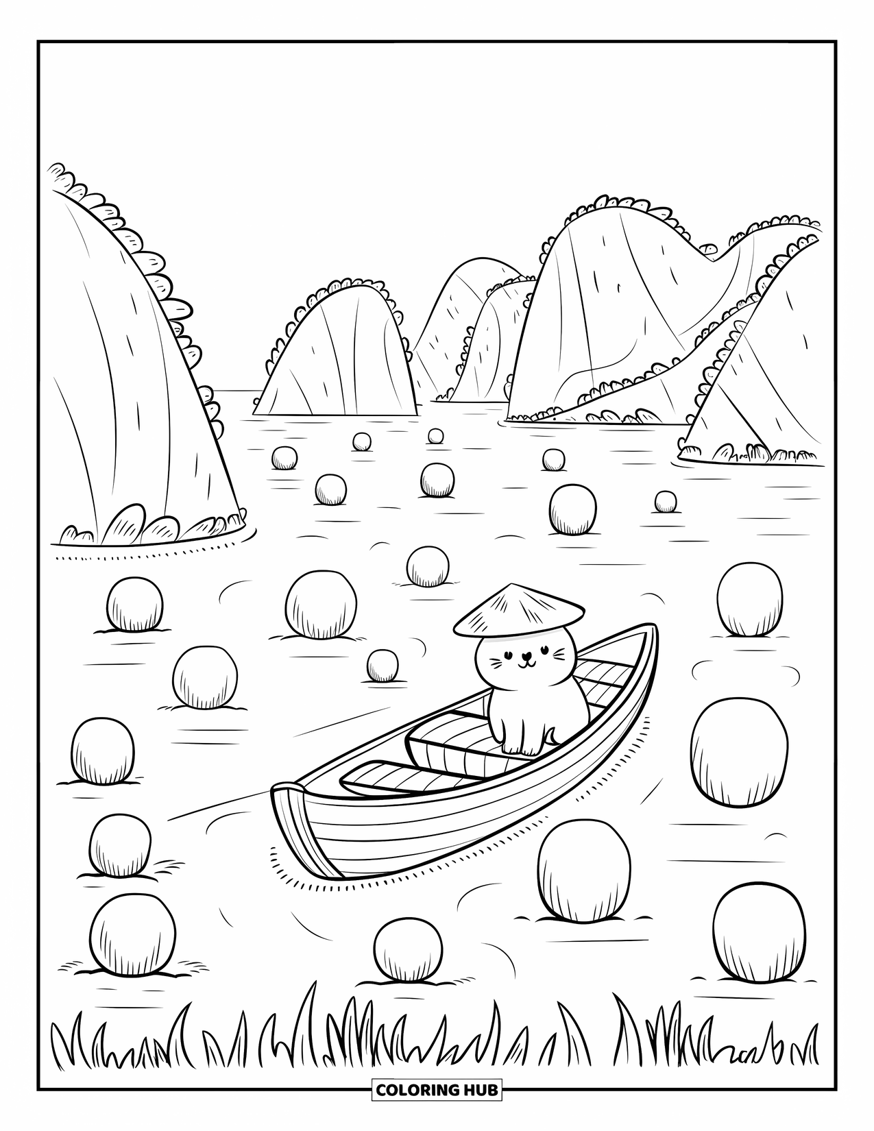Desen de colorat cu natura pentru adulți: O scenă blândă din Golful Halong, unde o pisică mică navighează printre felinare strălucitoare