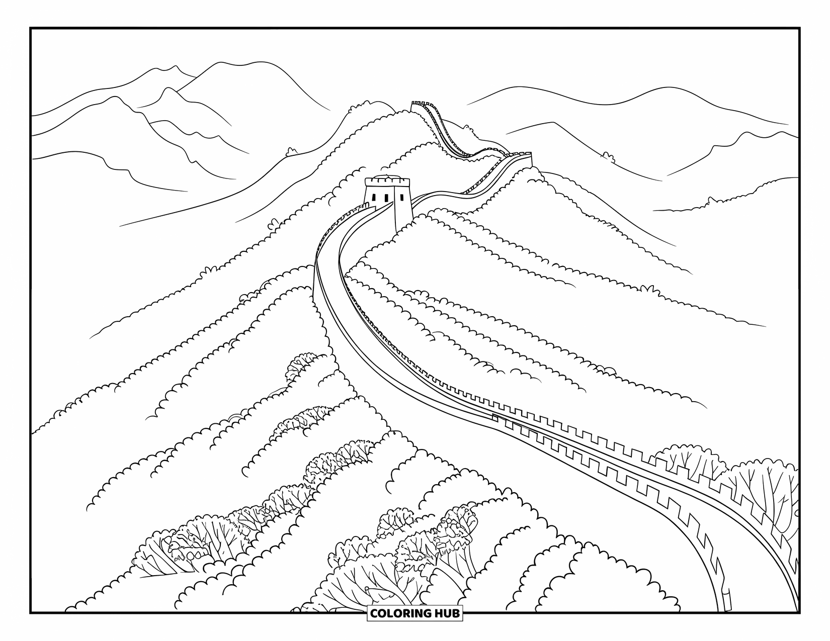 Desen de colorat cu natura pentru adulți: O întindere maiestuoasă a Marelui Zid se împletește peste dealuri cețoase de toamnă