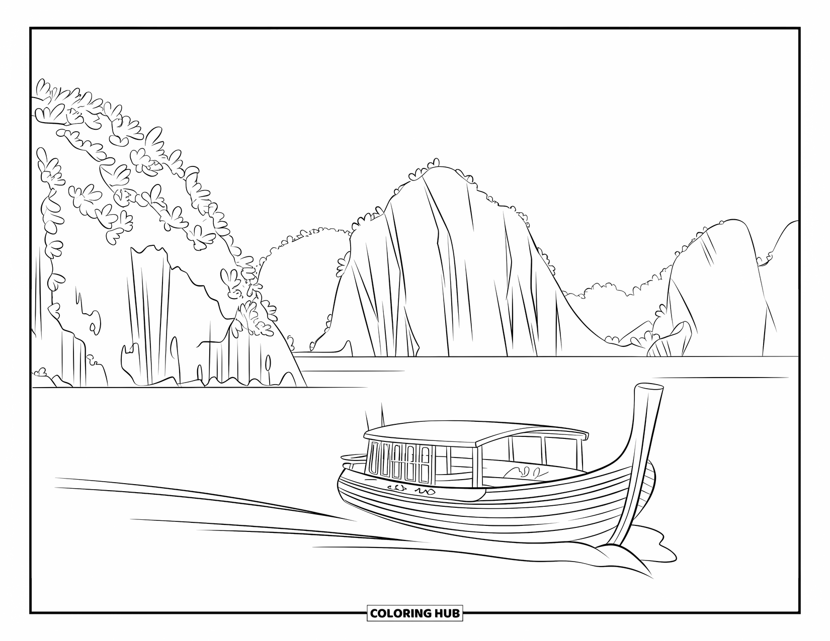 Desen de colorat cu natura pentru adulți: O plimbare pașnică cu barca printre formațiunile impunătoare de calcar din Golful Halong