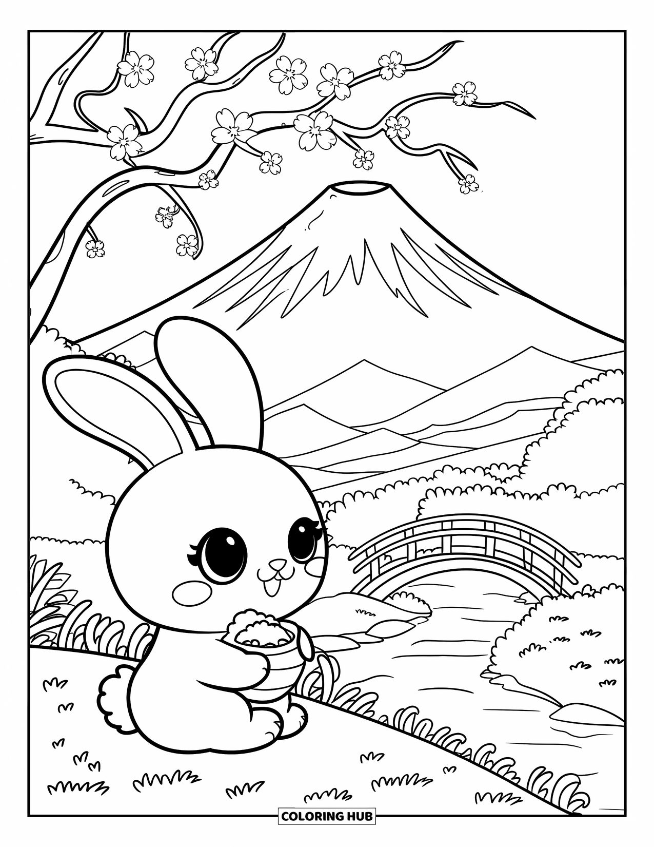 Desen de colorat cu natură pentru adulți: O priveliște liniștită de pe malul râului cu un iepuraș, cireși înfloriți și Muntele Fuji în depărtare