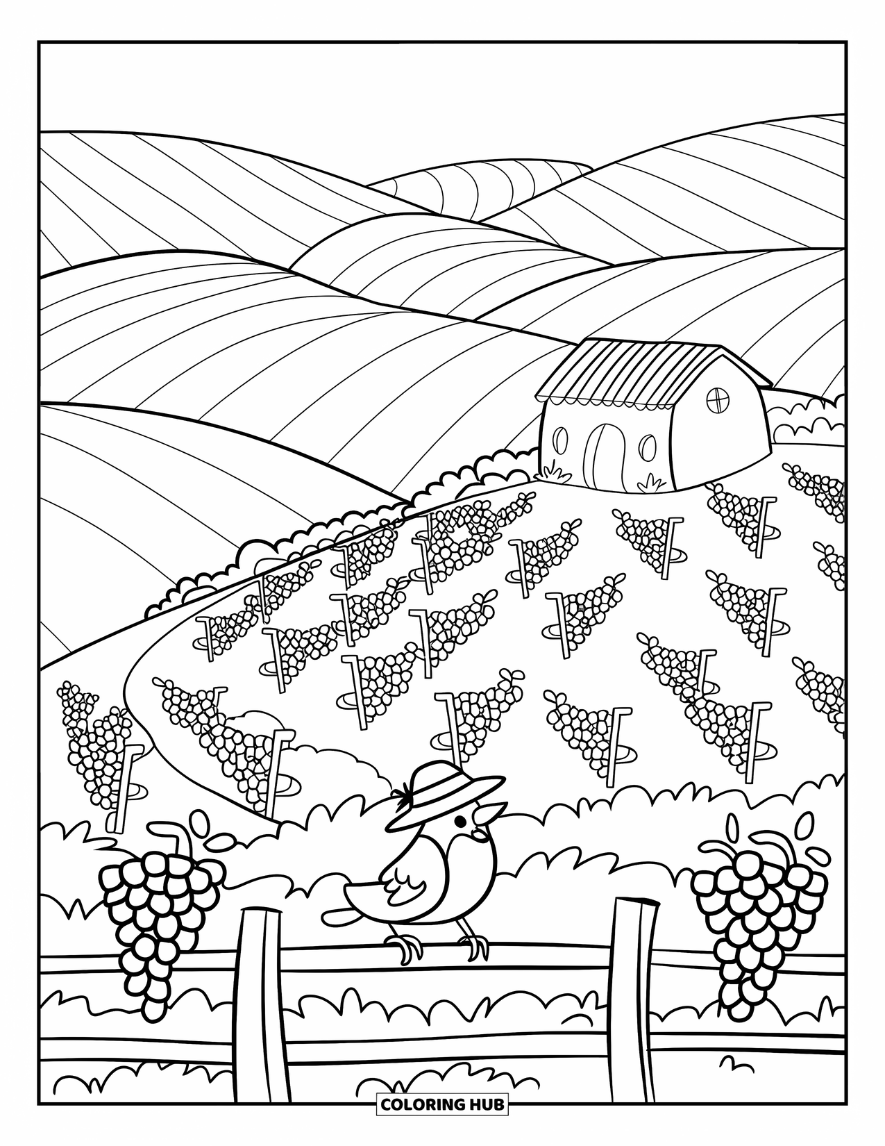 Desen de colorat cu natura pentru adulți: O scenă pașnică din Toscana cu o podgorie, o fermă rotundă și o pasăre mică curioasă