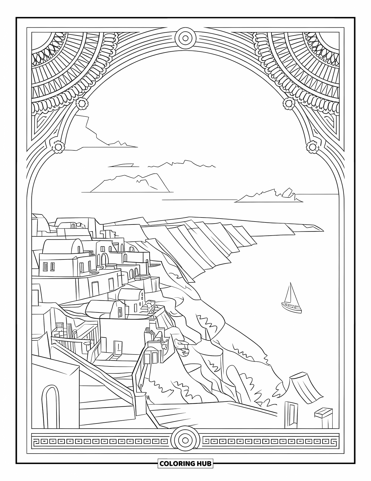Desen de colorat cu natura pentru adulți: O scenă pitorească din Santorini cu case în cascadă și bărci care plutesc dedesubt