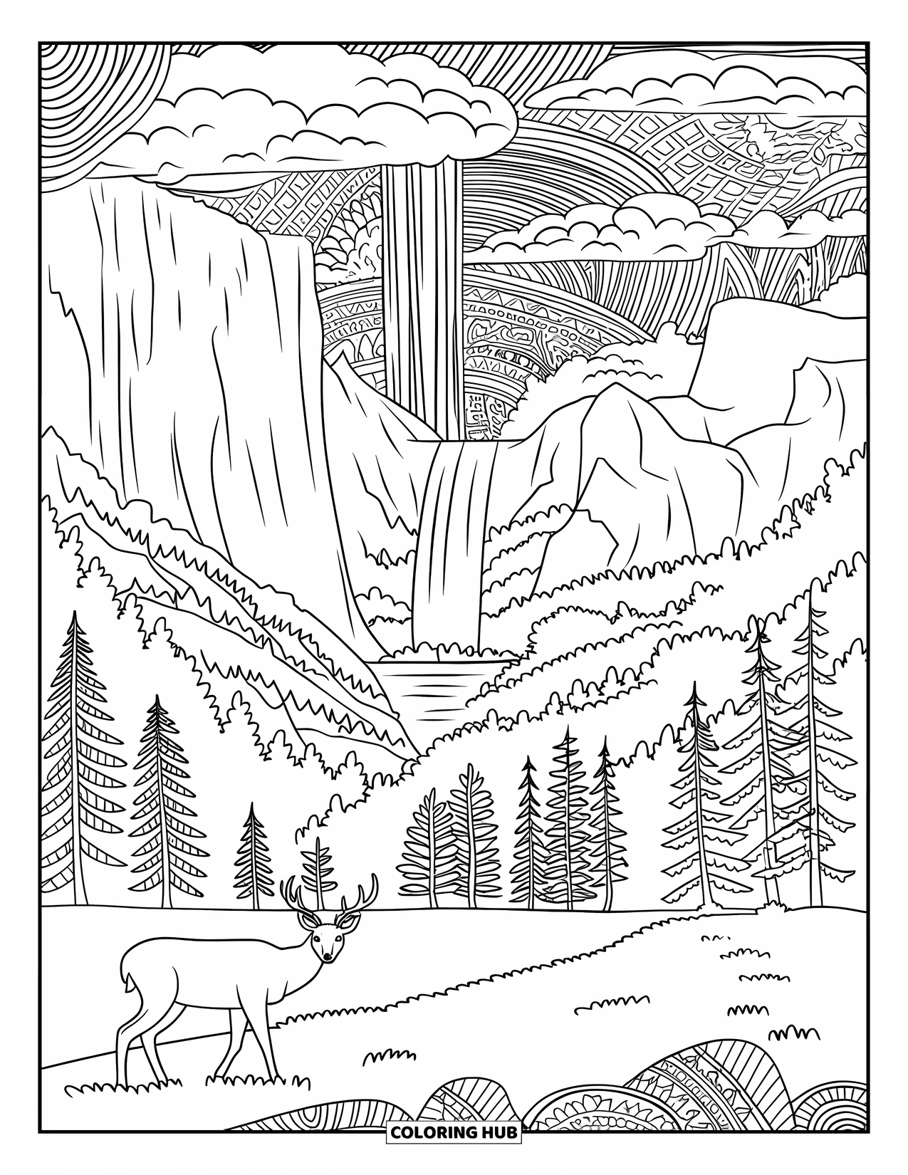 Desen de colorat cu natura pentru adulți: O scenă pitorească din Yosemite cu stânci accidentate, cascade și un cerb care paște