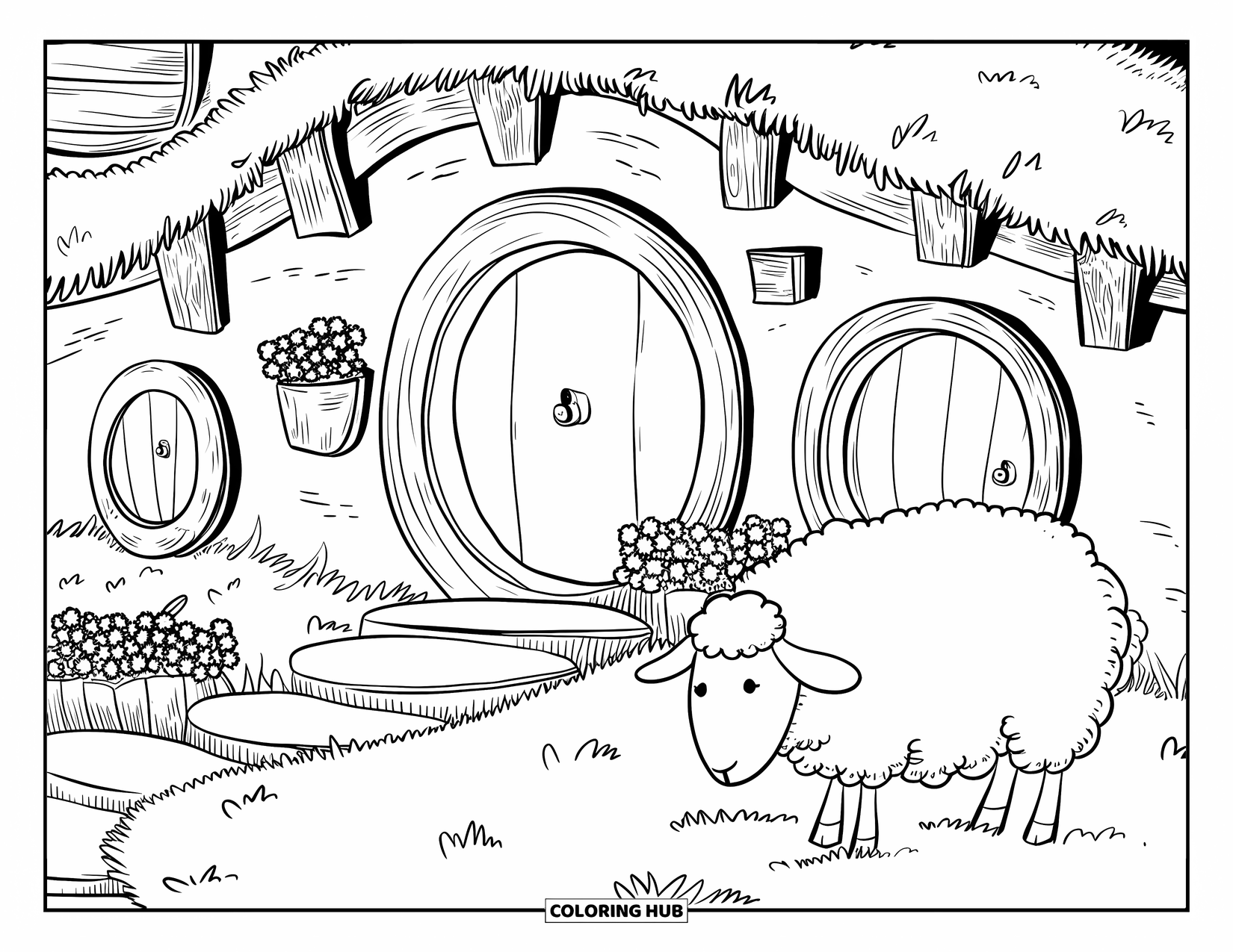 Desen de colorat cu natură pentru adulți: Un deal ondulat cu uși rotunde mici, o oaie pufoasă și o atmosferă confortabilă