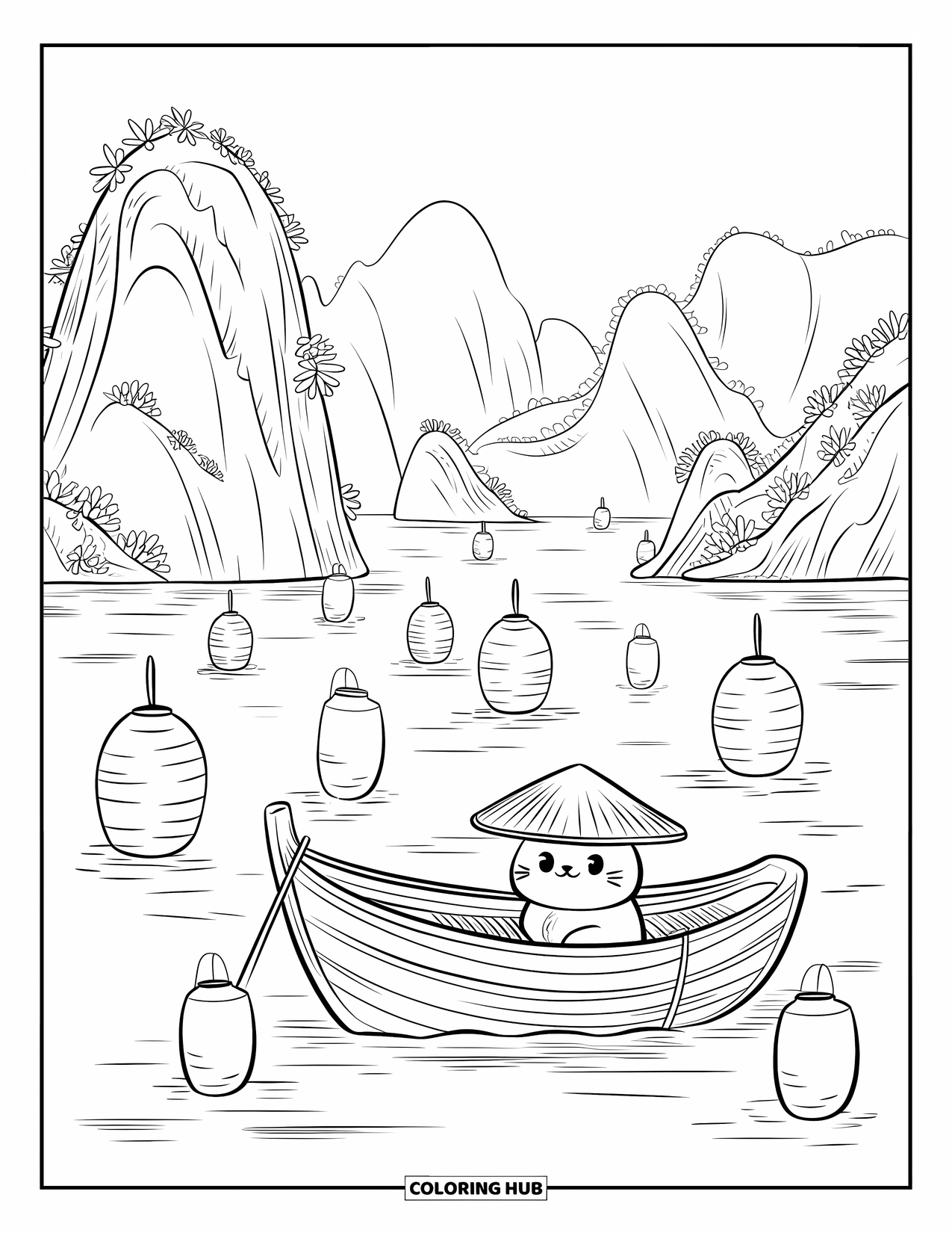 Desen de colorat cu natura pentru adulți: O pisică mică purtând o pălărie de orez se bucură de o plimbare pașnică cu barca printre felinare plutitoare