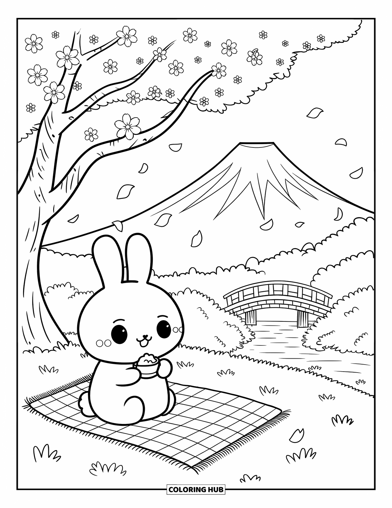Desen de colorat cu natură pentru adulți: O scenă blândă de primăvară cu un iepuraș pufos care se bucură de un picnic liniștit sub cireșii înfloriți