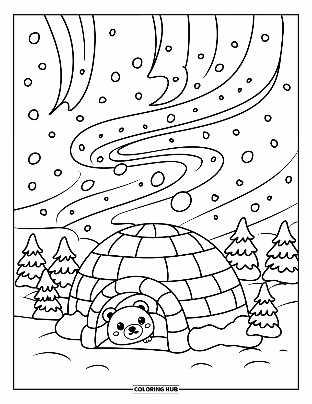 Desen de colorat cu natură pentru adulți: Un pui de urs mic se uită dintr-un iglu, privind Aurora Boreală deasupra unei păduri înzăpezite