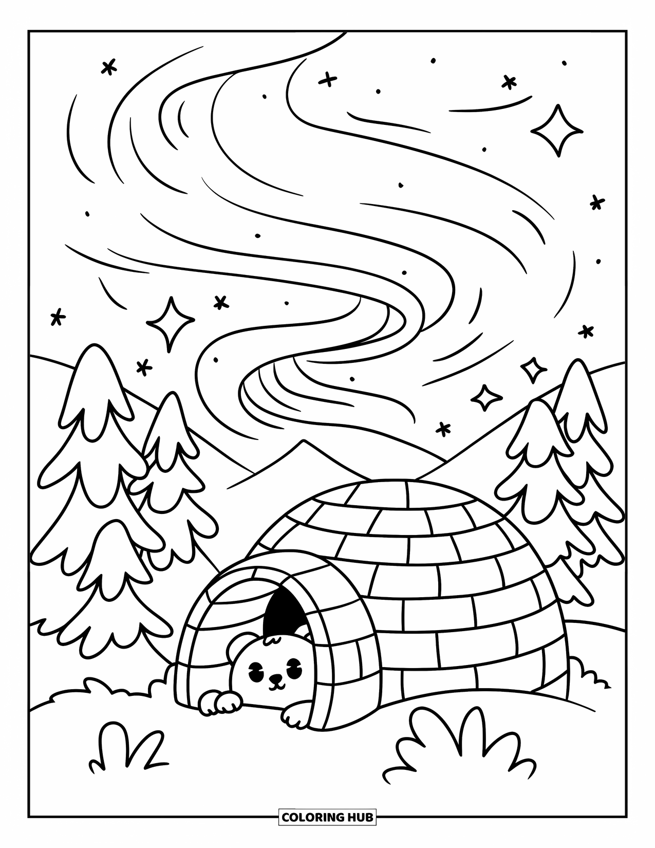 Desen de colorat cu natură pentru adulți: Un urs mic urmărește Aurora Boreală, înconjurat de pini acoperiți de zăpadă